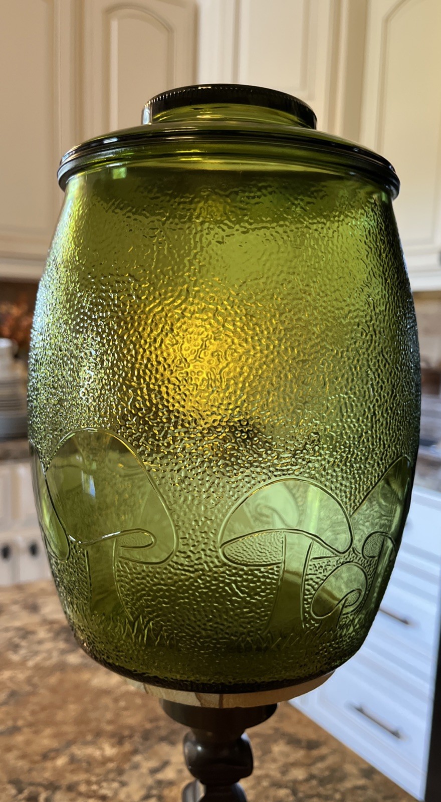 Vintage Bartlett Collins 70's Green Glass Mushroom Cookie Jar Beautiful 8.5”