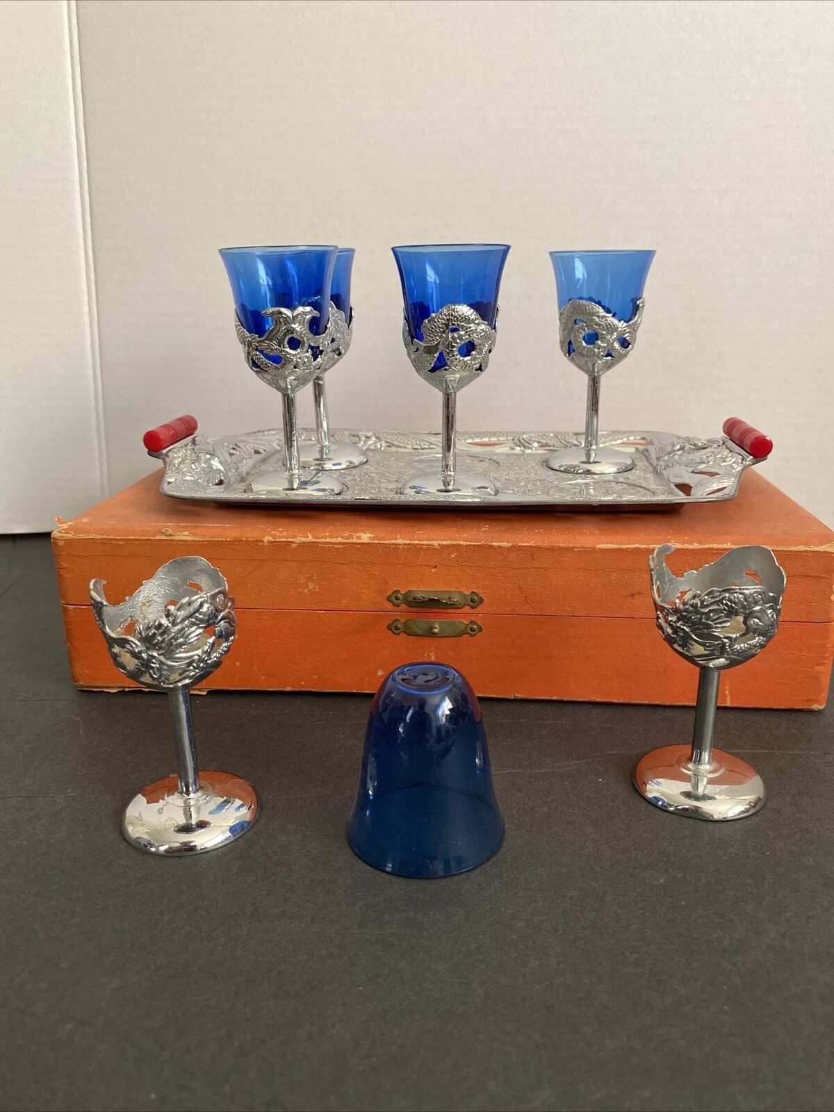 Vtg  Silverplate Tray w/ 5 Blue Glasses-Japan-10\