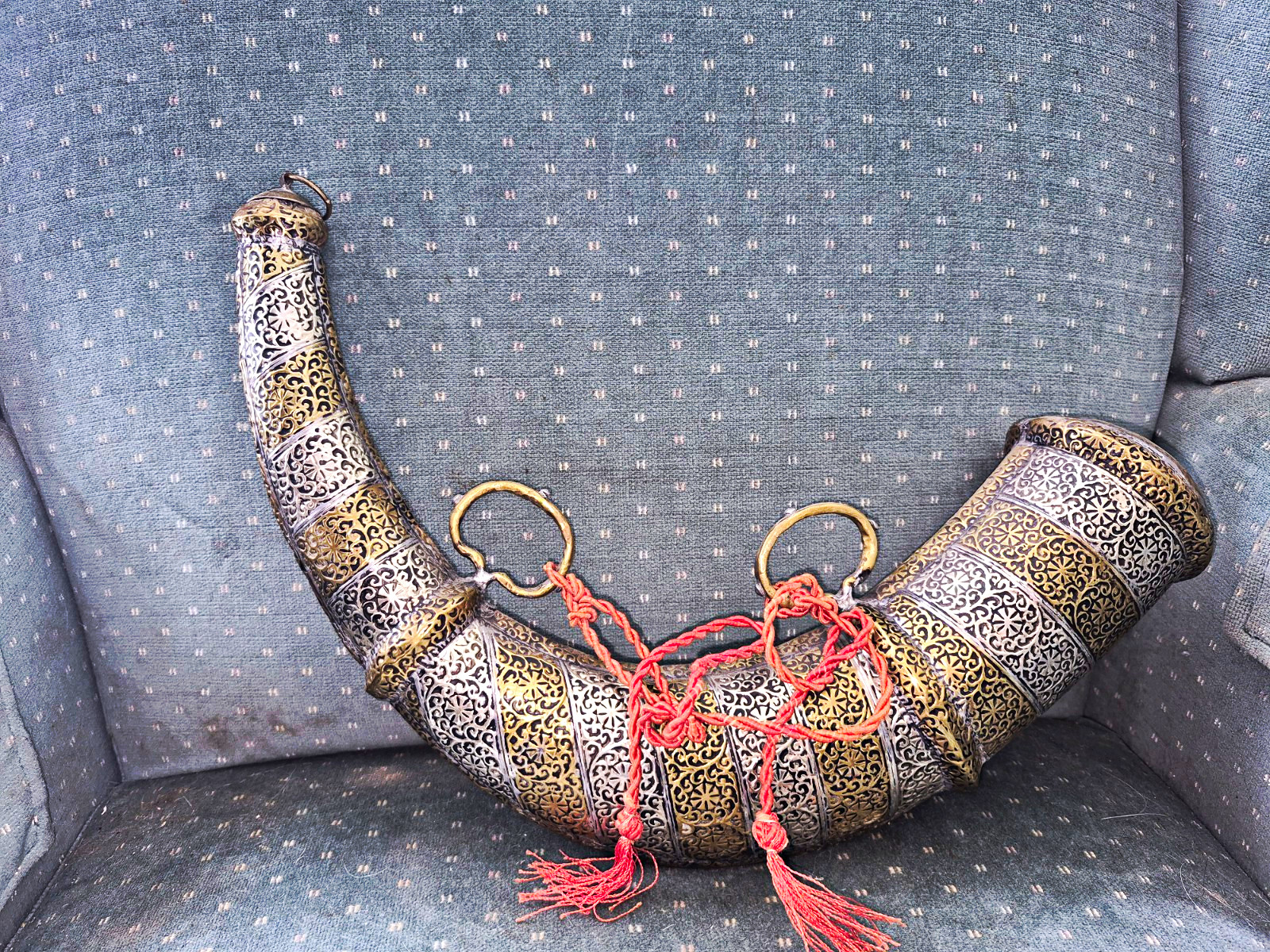 Antique 19thC Moroccan Berber Horn Powder Flask - Chased Brass & Copper