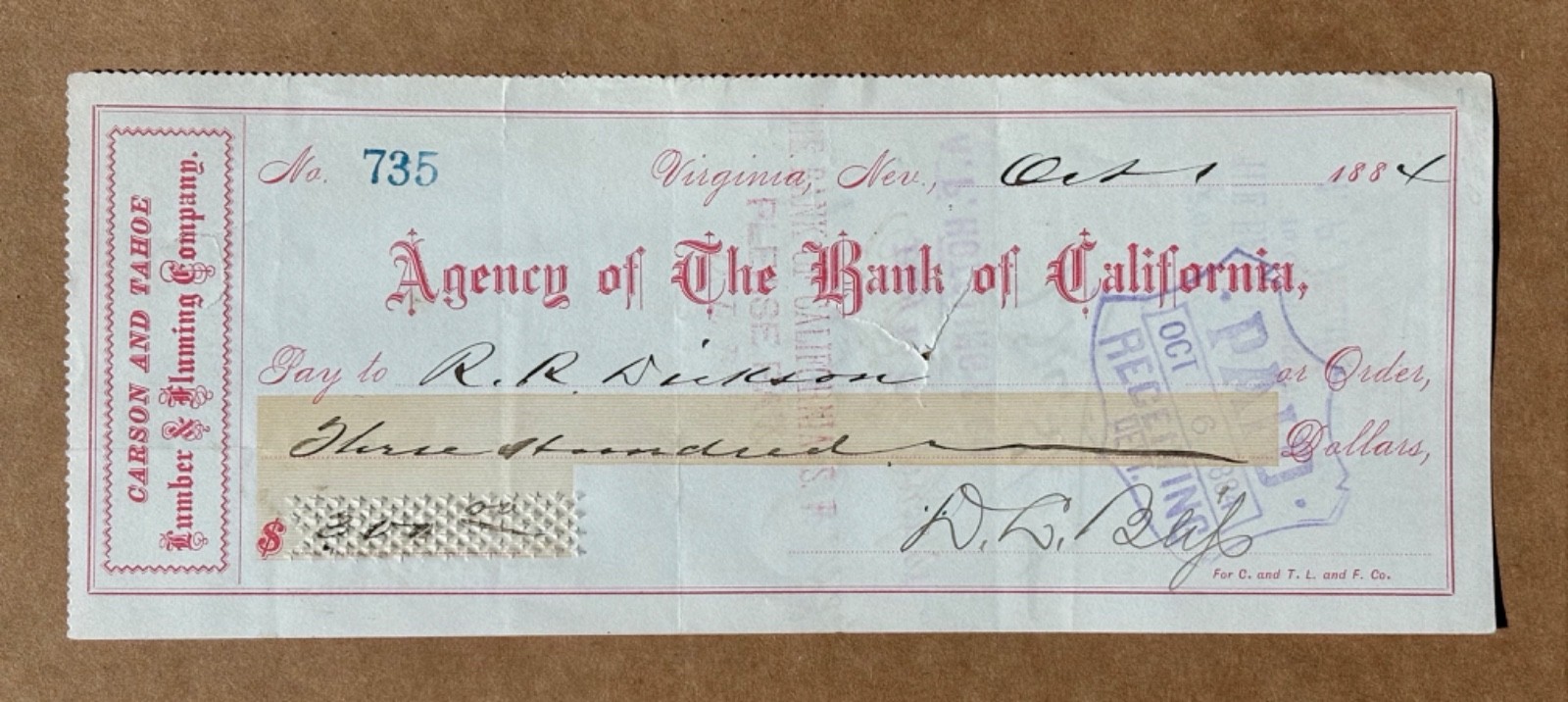1884 Carson Tahoe Lumber Fluming Virginia City Nevada Bank of California Check