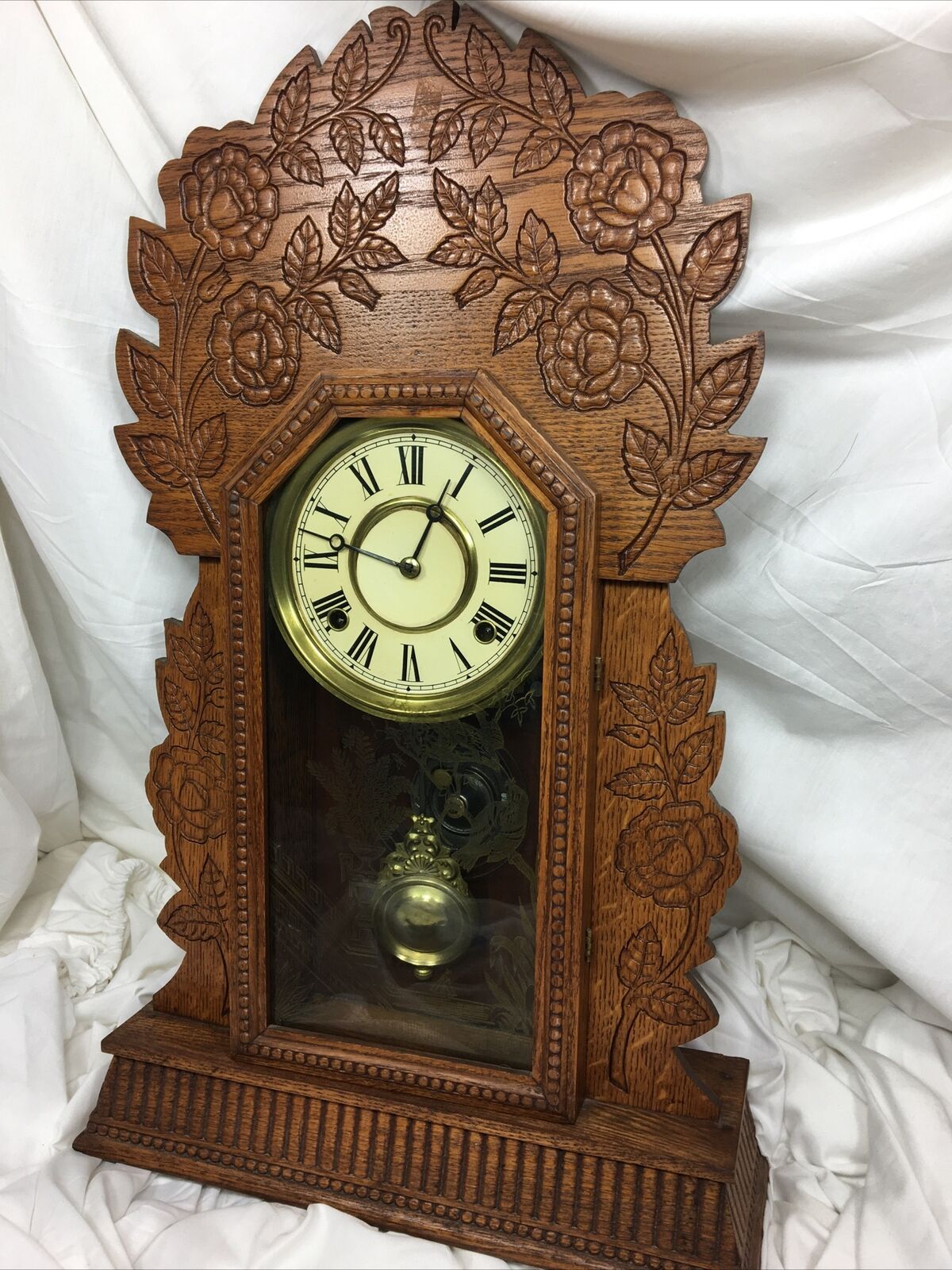 Antique Wm L Gilbert Mantle Kitchen Parlor 8-Day Oak Wood Clock Navy Rose #26