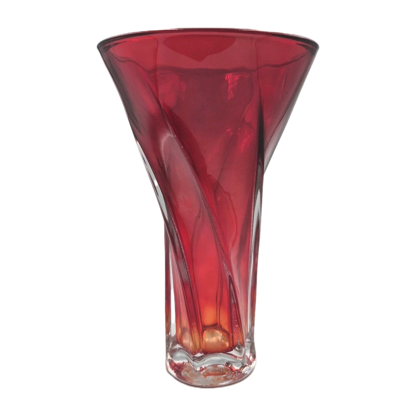 Ruby Red and Clear Glass Tornado Swirl Vase 9\