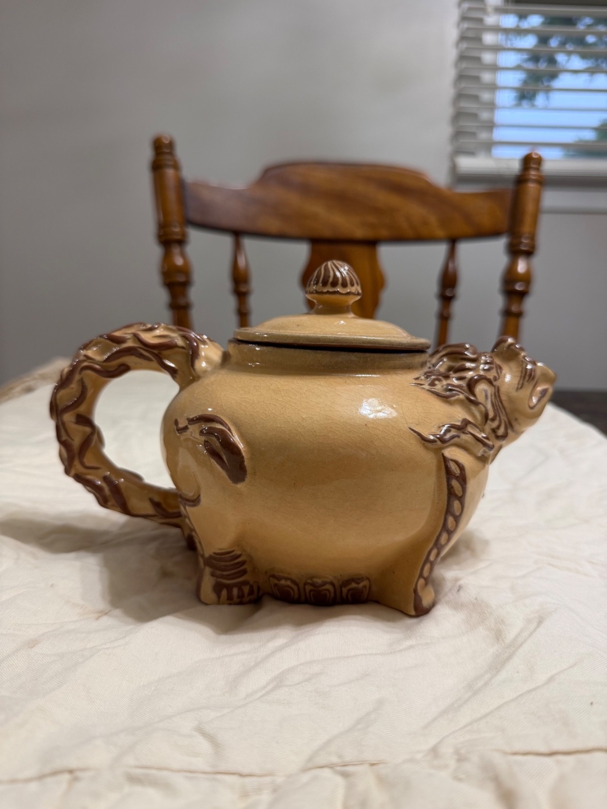 Vintage Nepalese Lucky Lion Glazed Red Clay Teapot