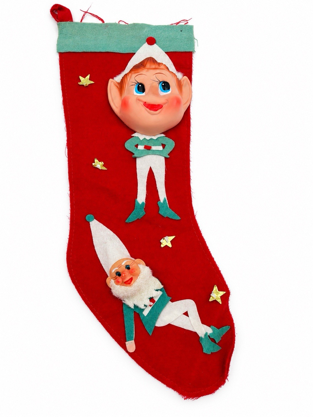 Vtg 1950s Felt Christmas Stocking Rubber Face Elf Pixie Japan Tag Mid Century