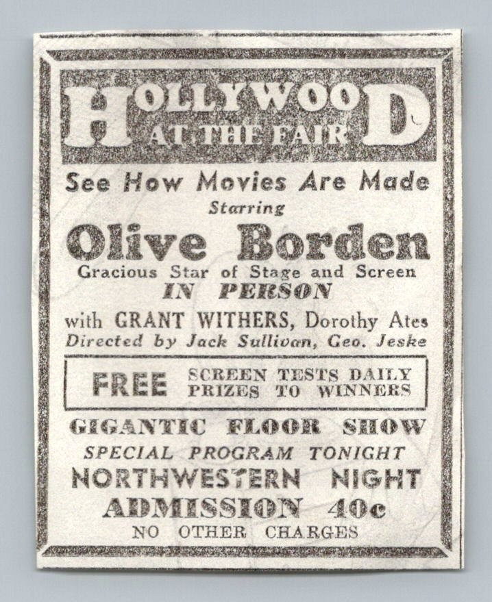 1933 Hollywood at the Fair Olive Borden In Person Movie Exhibit Print Ad 1930s