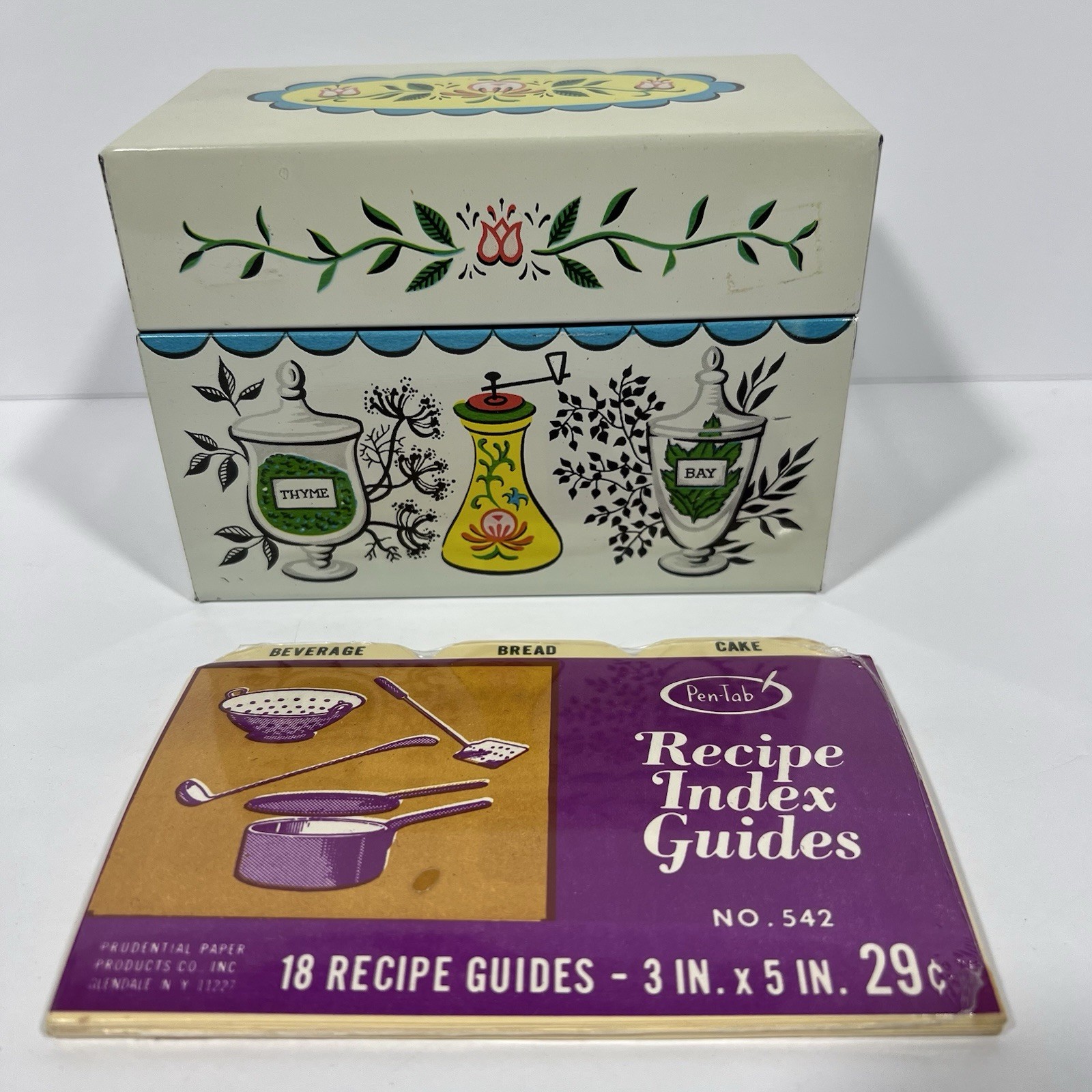 Vtg J Chen Recipe Box Tin Herbs & Spices Cottagecore Grandmacore + NOS Dividers
