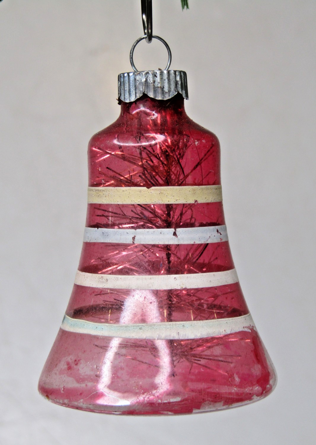 VTG WWII Unsilvered Glass Tinsel In Striped BELL Christmas Ornament Shiny Brite