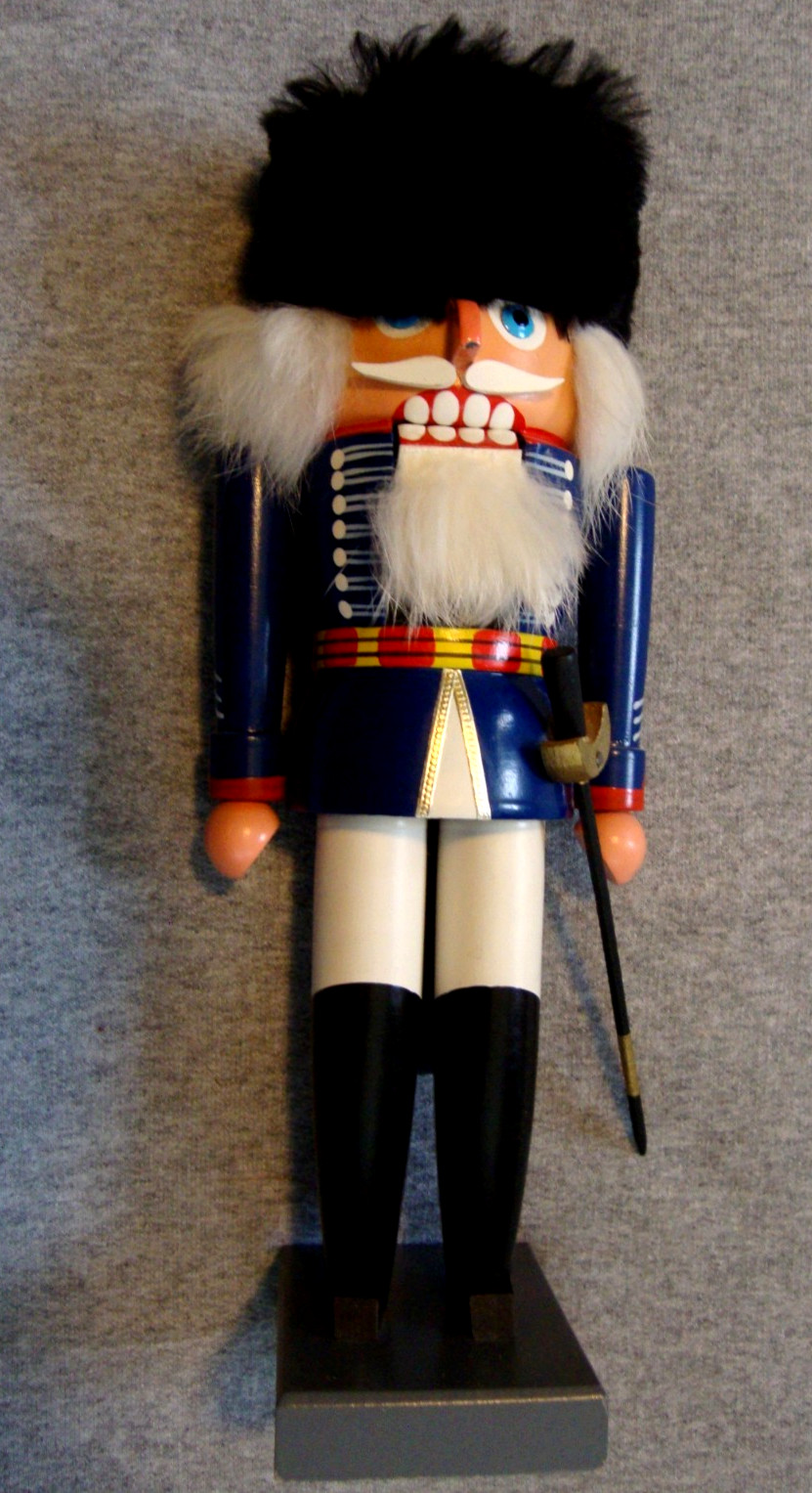 Vintage Erzgebirgische Wood Nutcracker Soldier German 10” Soft Fur Hat & Sword