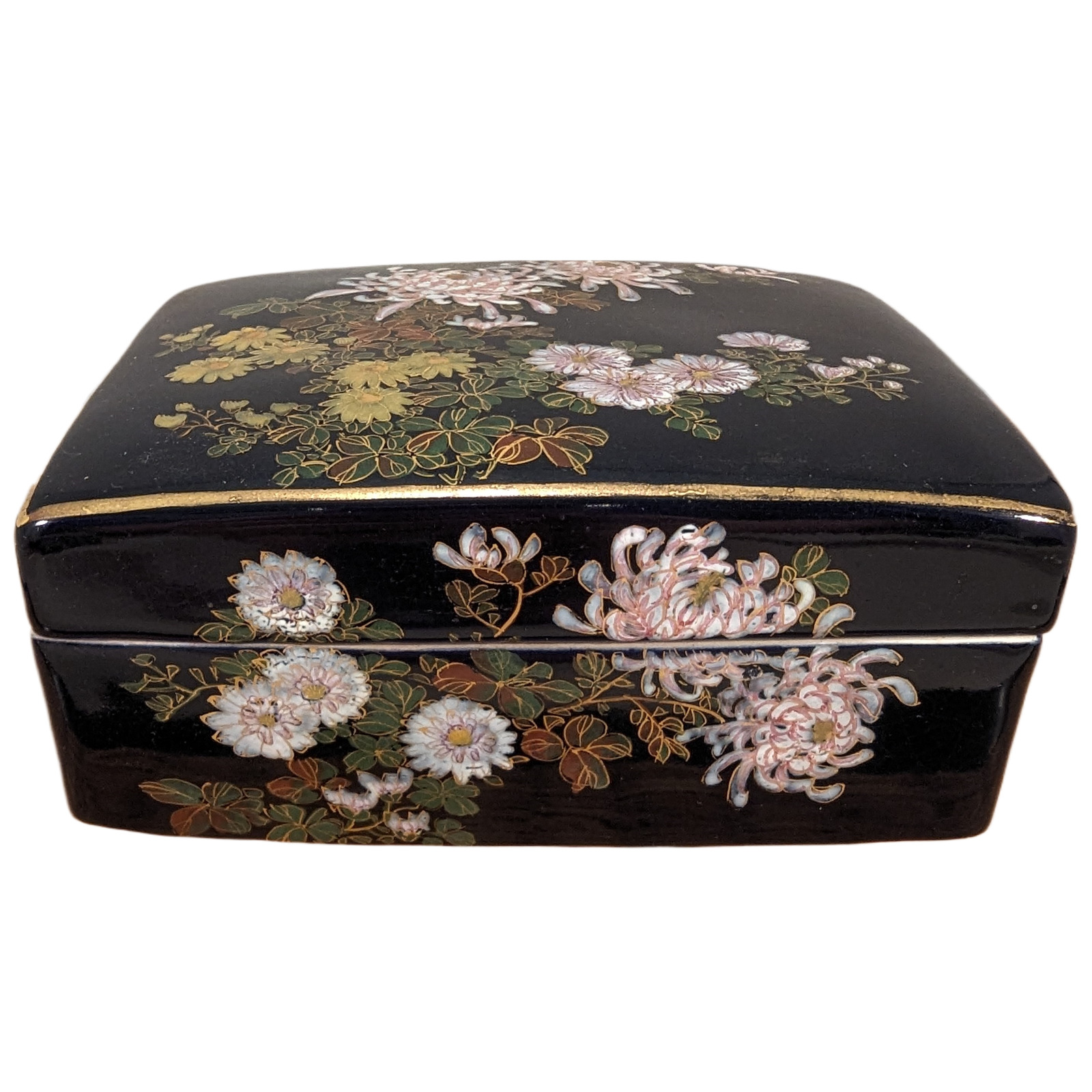 Antique Japanese Satsuma Ceramic Uchida 内田 Blue Lidded Box Kiku Flowers Japan