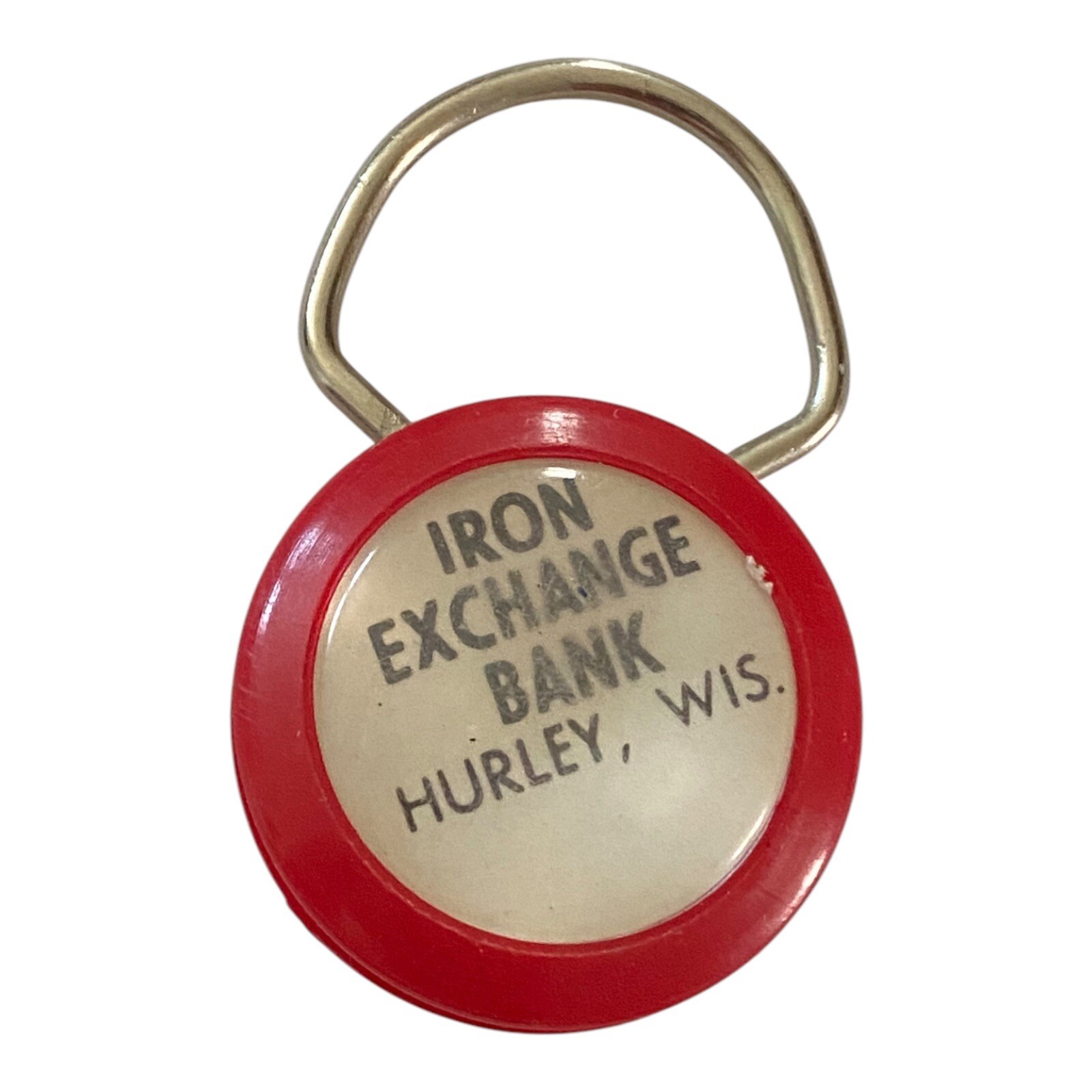 Vintage Iron Exchange Bank Advertising Key Ring Fob Keychain Hurley Wisconsin WI