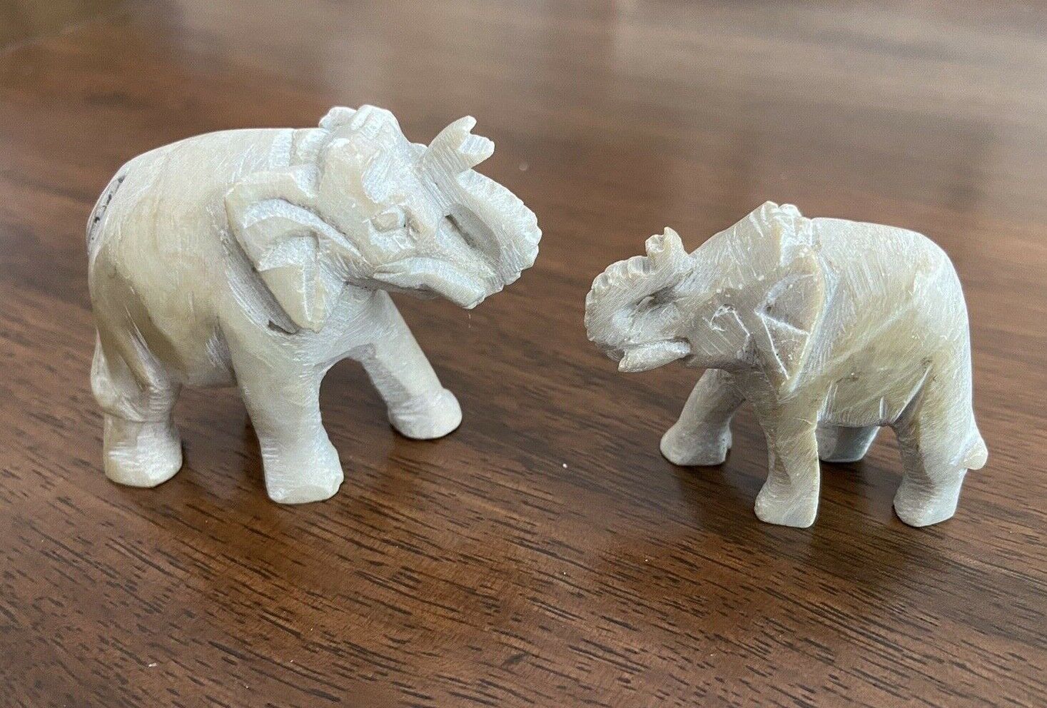 Beautiful Pair Hand Carved Soapstone Mother with Baby Elephant