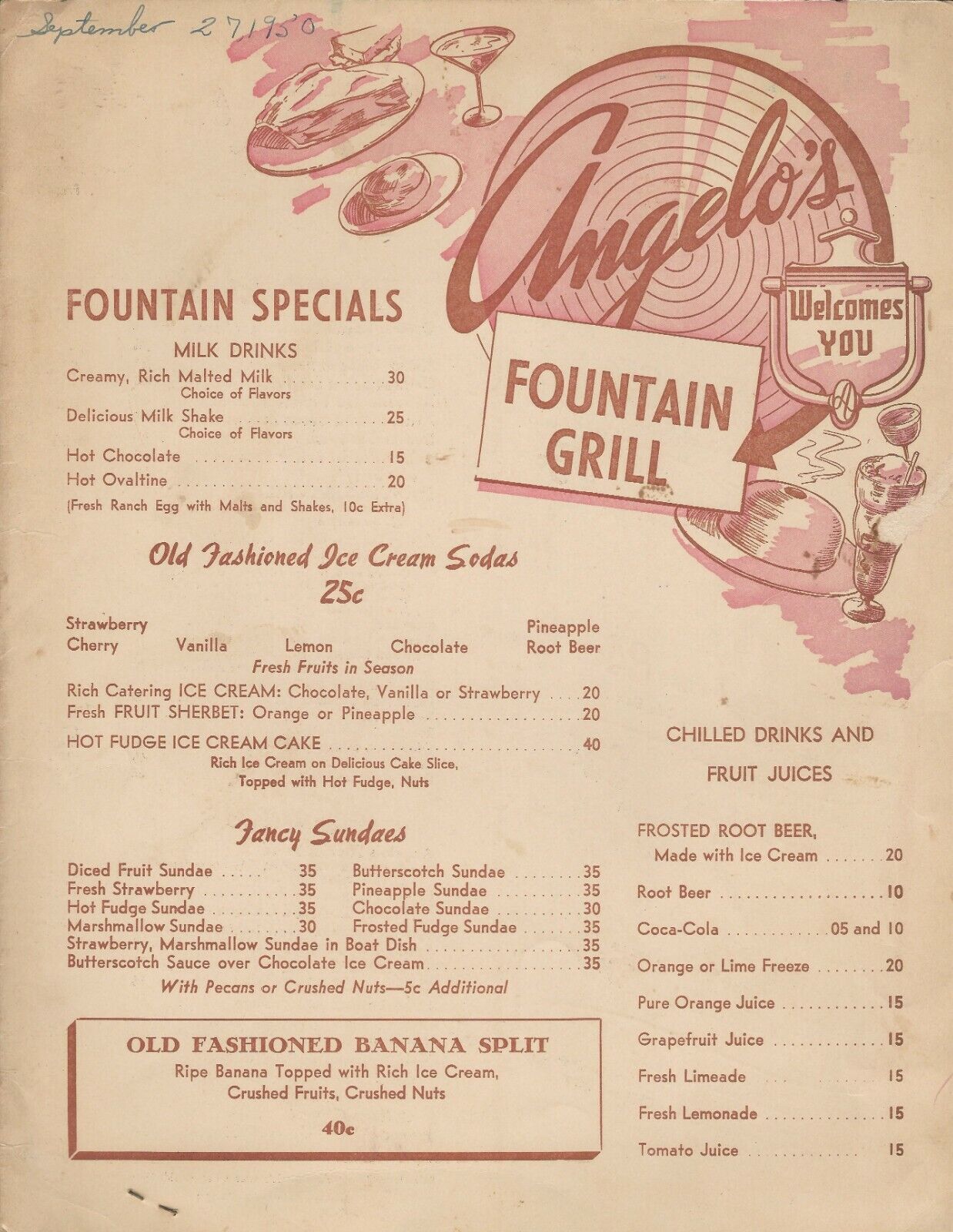 Vintage ANGELO\'S FOUNTAIN GRILL Restaurant Menu, Los Angeles California 1950