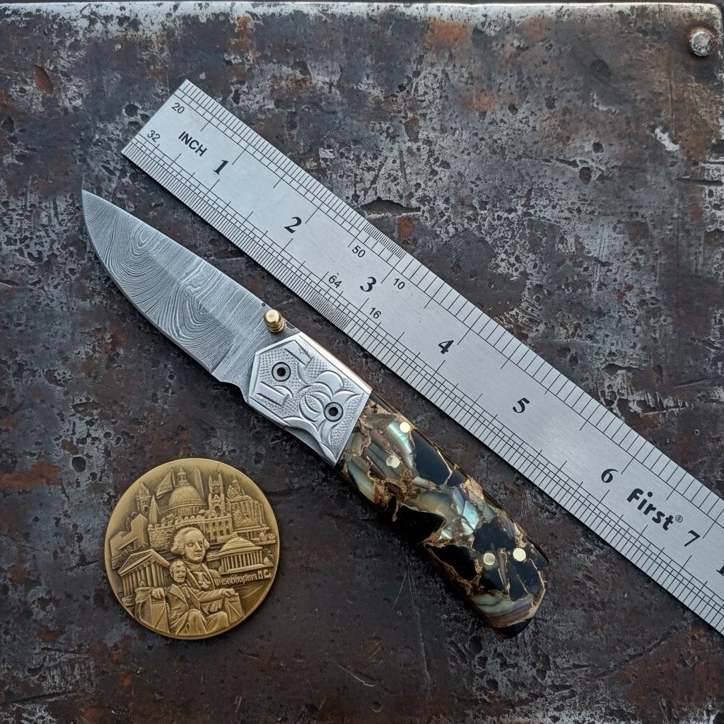 Handcrafted Damascus Steel Folding knife, Black Obsidian & Abalone Shell Handle