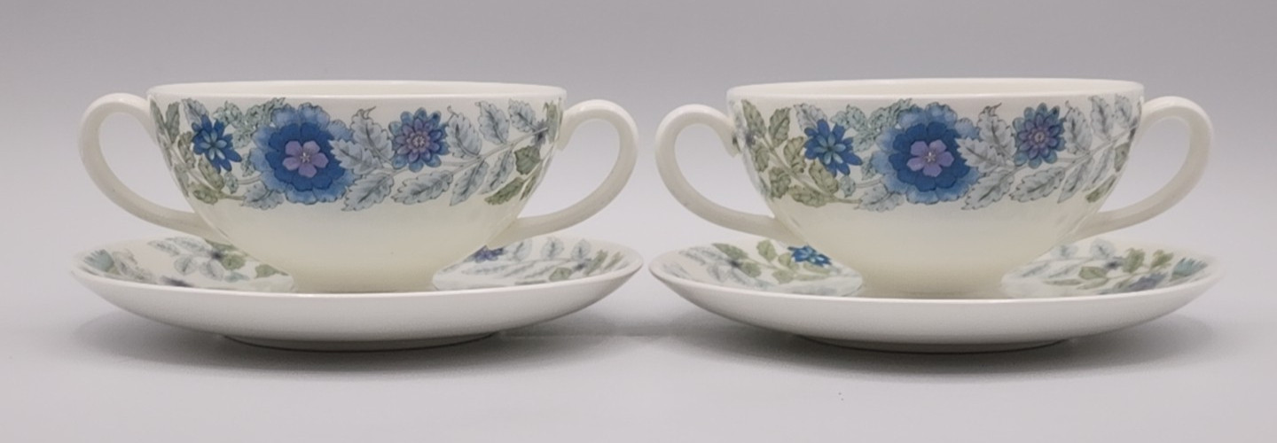 Wedgwood Clementine Pattern Cream Soup Bouillon Bowls w Saucers Set of 2