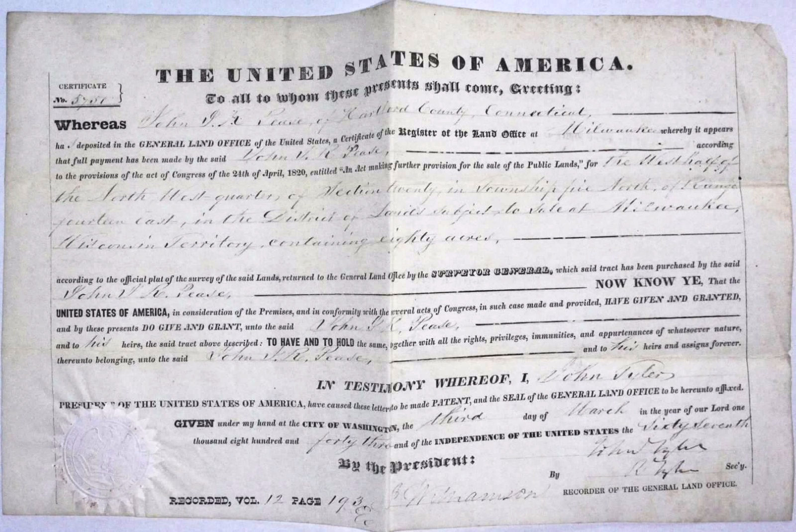 US Land grant 1843 Wisconsin Territory John Tyler president to John R. Pease CT