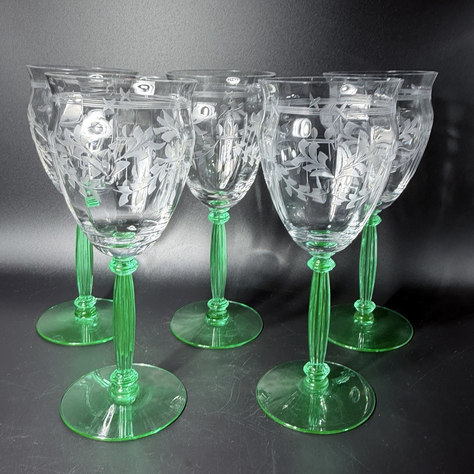 Vintage Tiffin Uranium Vaseline Glass Wine Goblets Etched Floral Set of 5/8 inc Vintage Tiffin Uranium Vaseline Glass Wine Goblets Etched Floral Set of 5/8 inc