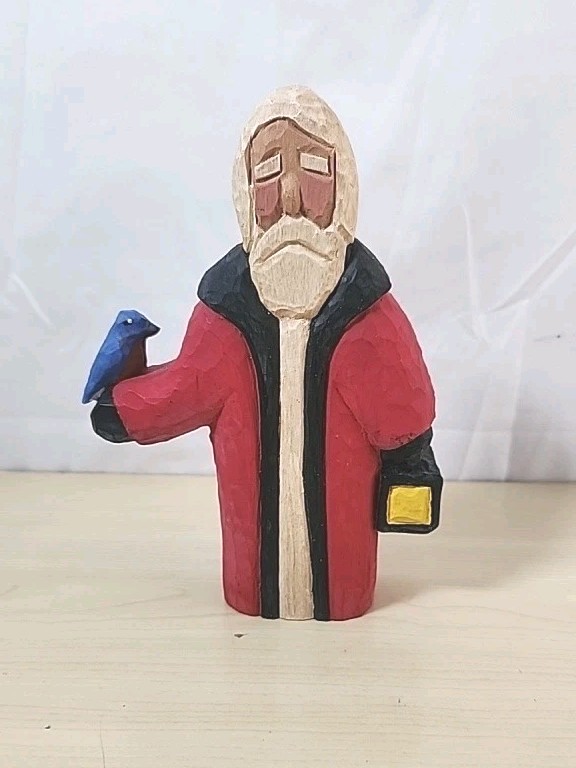 Vintage Lancy Smith Handcarved Wood Santa Figure Old World Blue Bird Lamp Desmon