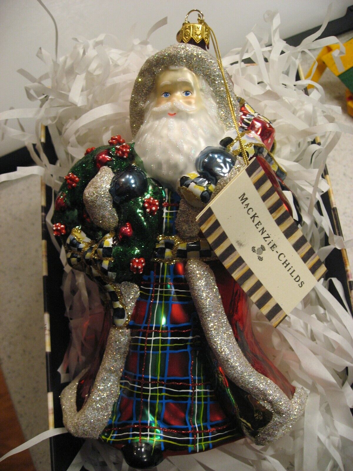 Mackenzie Childs Tartastic Father Christmas Glass Christmas Ornament 53913-2216