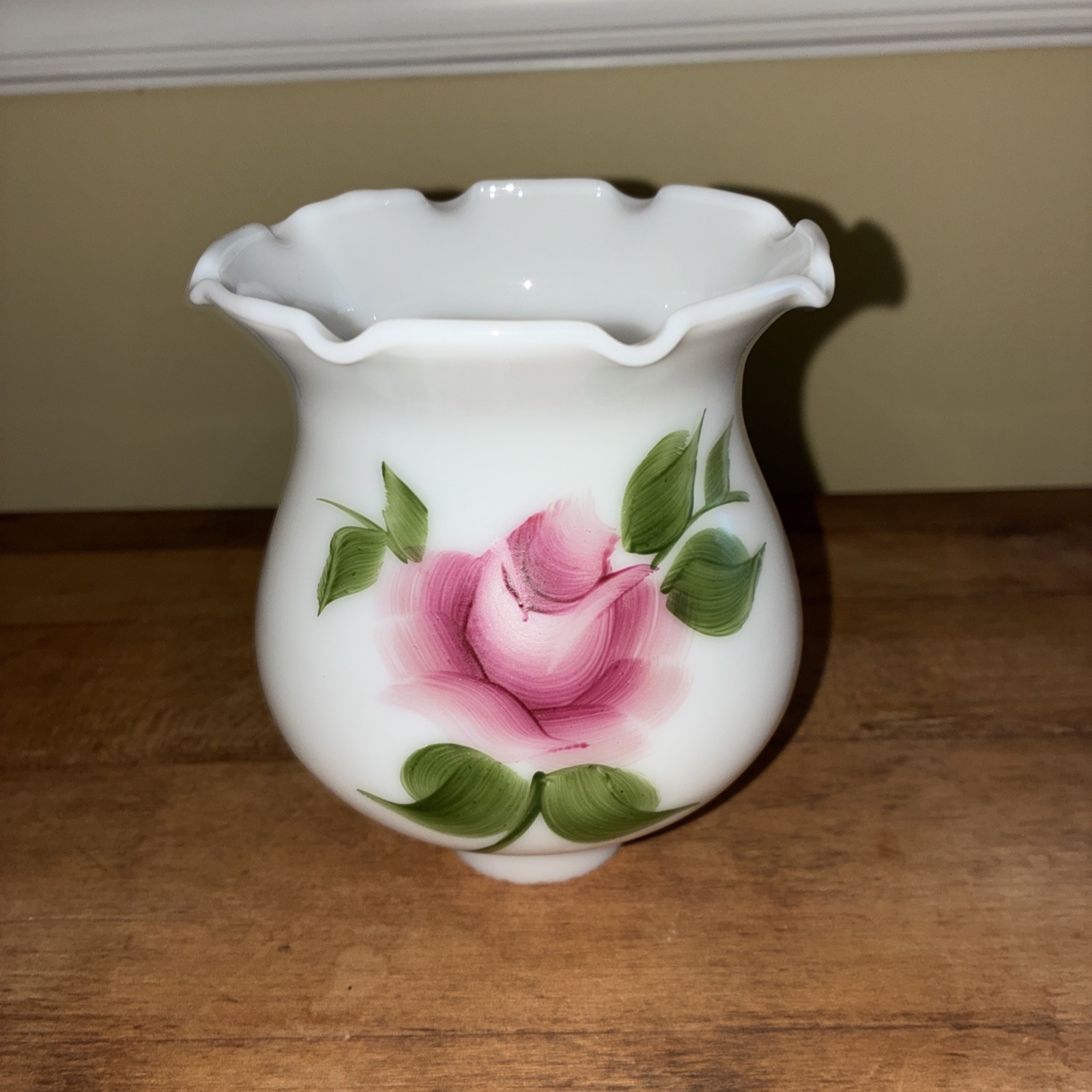 BOUDOIR VANITY MILK GLASS LAMP SHADE PAINTED ROSE WITH LEAVES