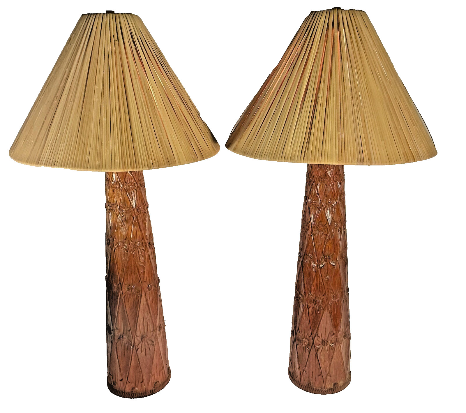 PAIR Large MCM 1960s Carved Wood Tiki Polynesian Table Lamps with Straw Shades