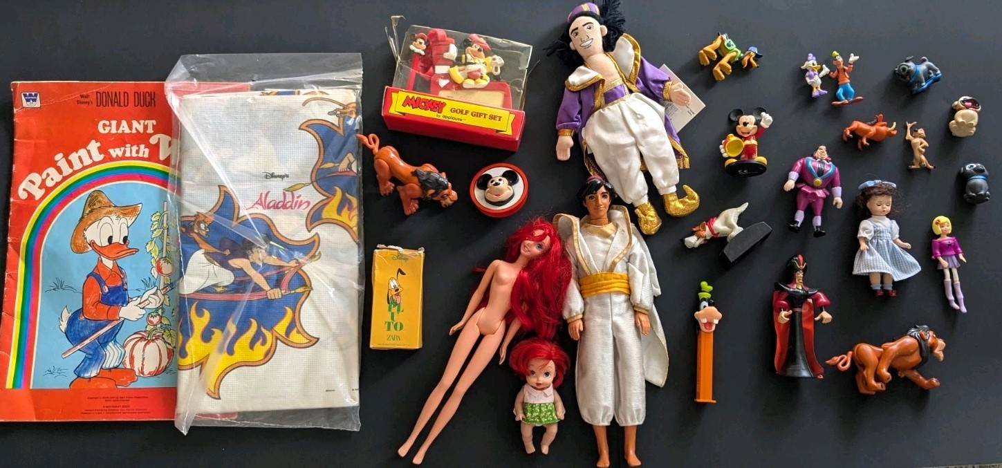 Disney Mixed Lot Most Vintage Aladdin Ariel Disney toys, coloring book , Mickey
