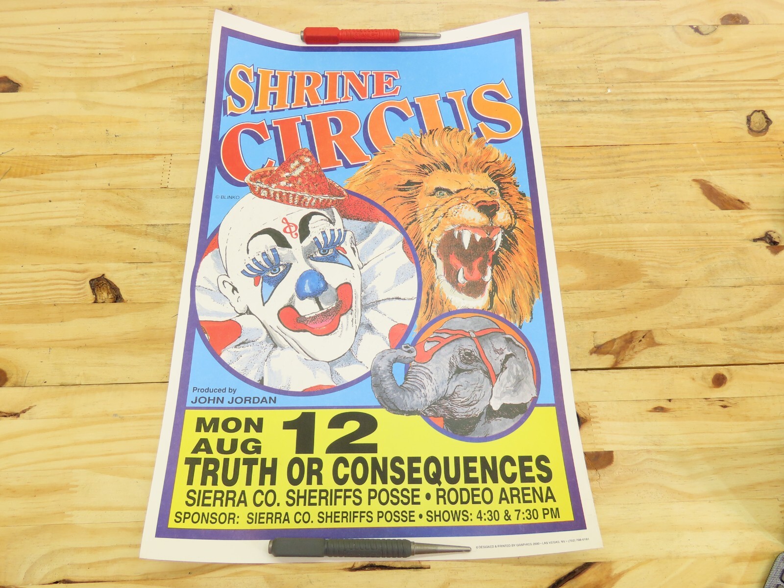 Vintage Blinko Shrine Circus Poster Clown Elephant Lions