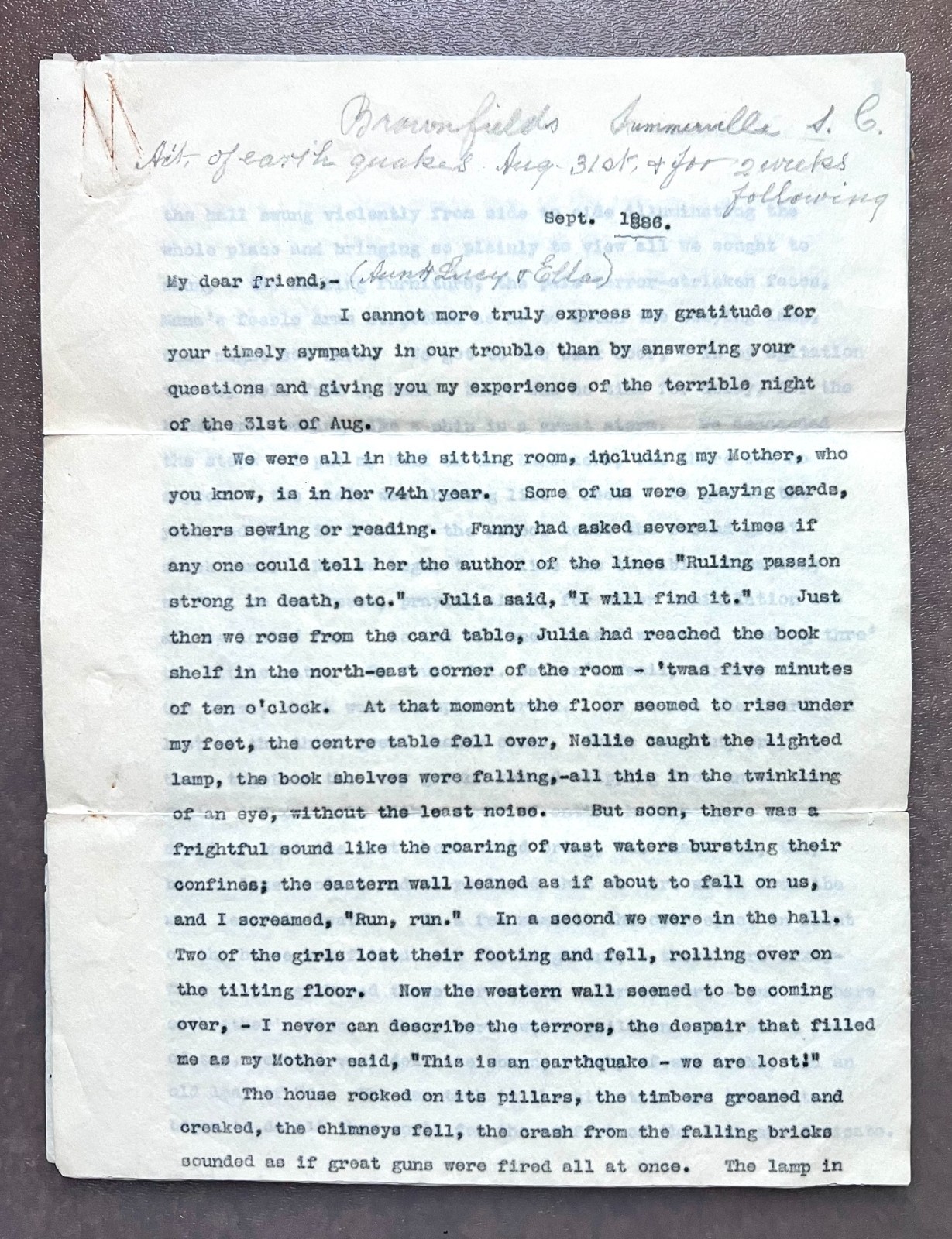 Eyewitness Account of the 1886 South Carolina Earthquake