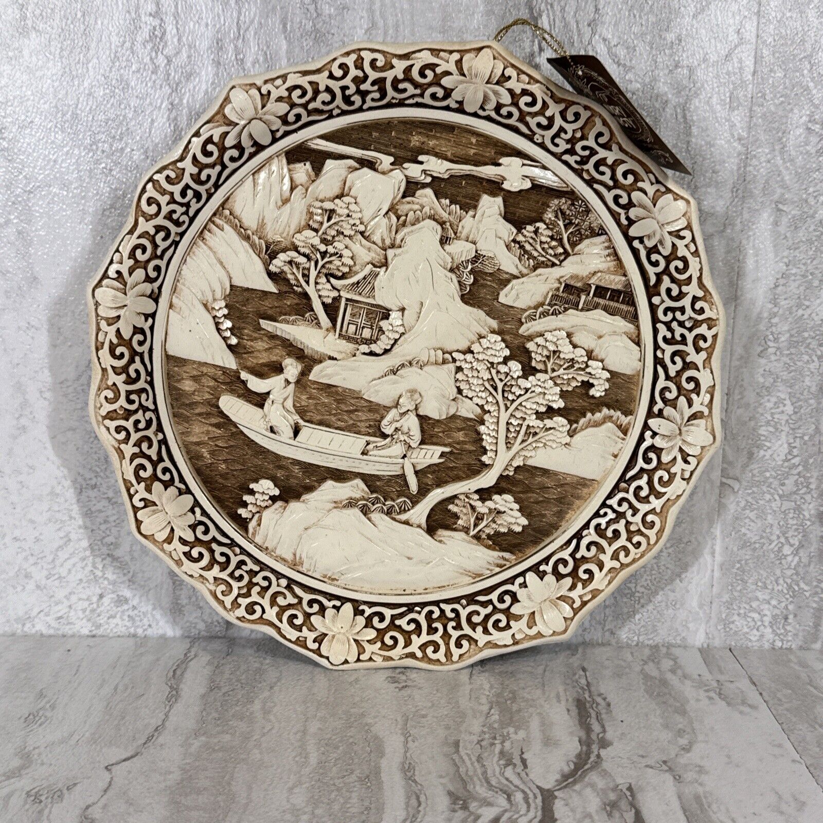 Vintage Oriental Ivory Dynasty Plate Carved Resin by Arnart Imports 1982 w/ Tag