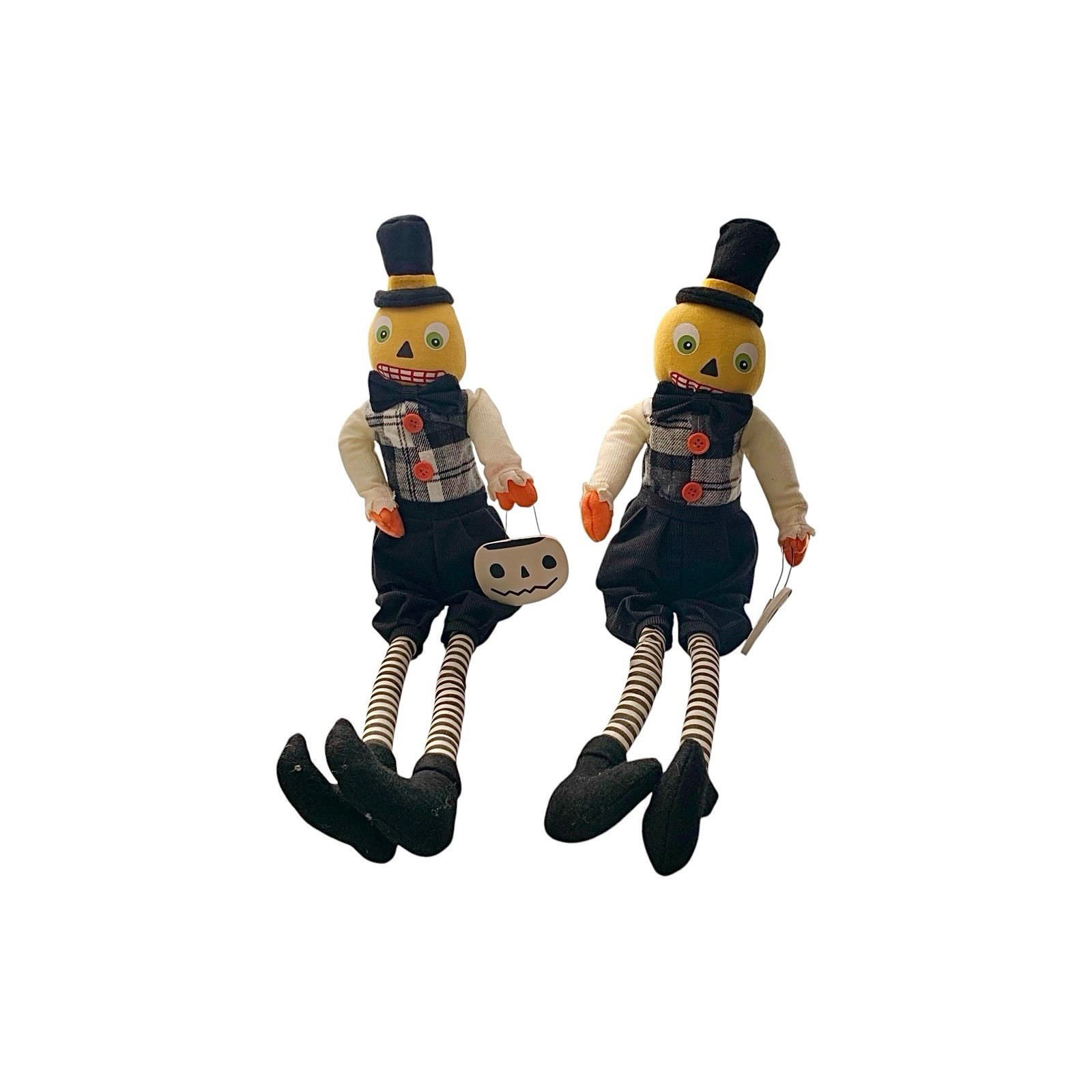 ⁠ Pumpkin Head Doll Pair Shelf Sitter Vintage Halloween Decor