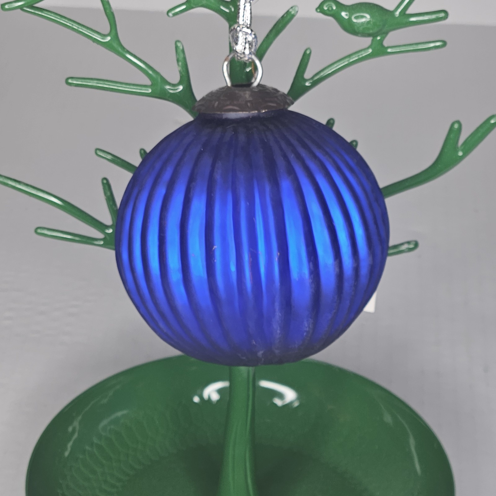 KUGEL MIDWEST Cobalt Blue Glass Style Ribbed Ornament Brass Cap NWT