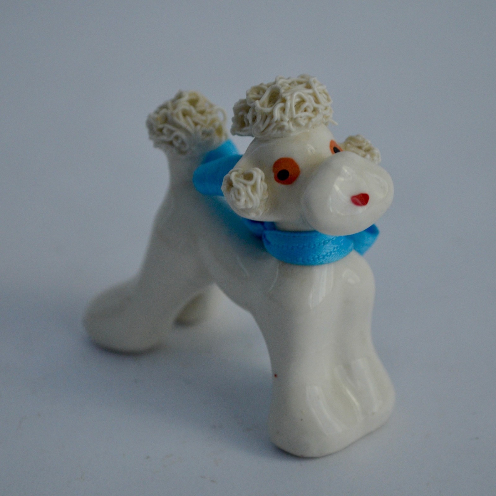 Vintage Small White Spaghetti Poodle Blue Ribbon Bow