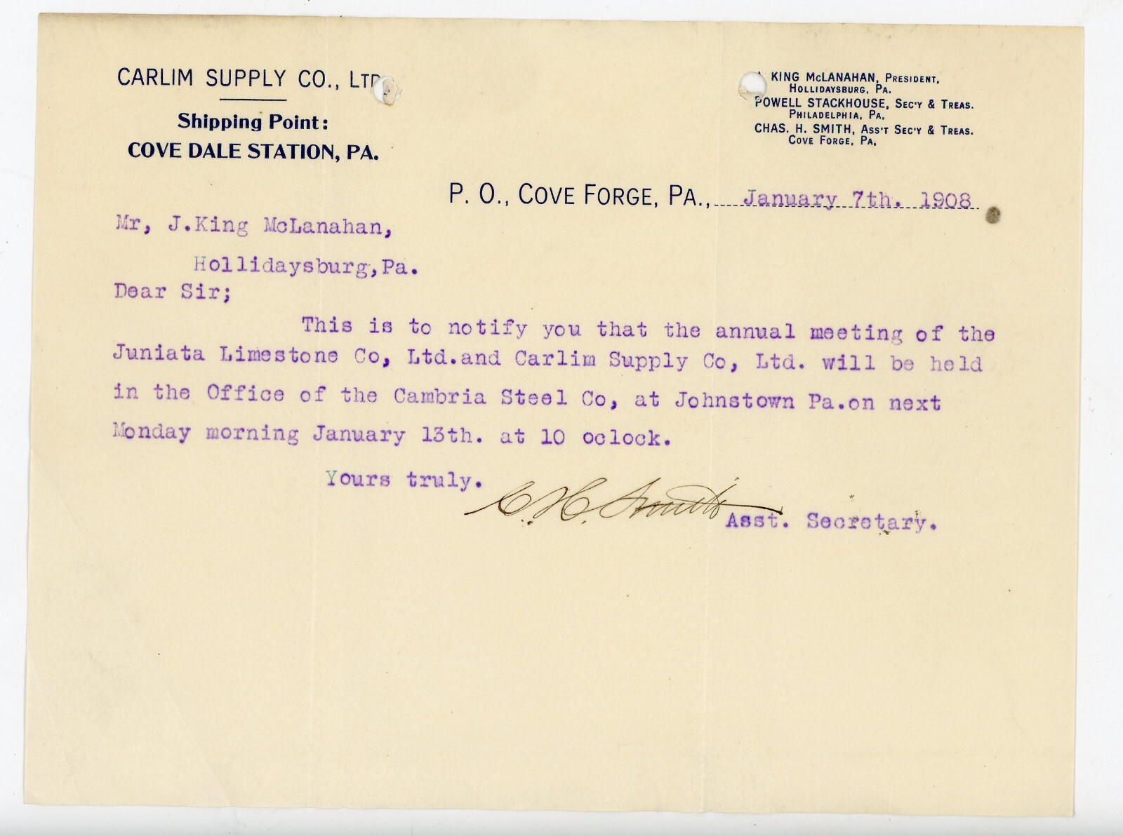 1908 Carlim Supply Co Notice Juniata Limestone & Cambria Steel Co Cove Forge PA