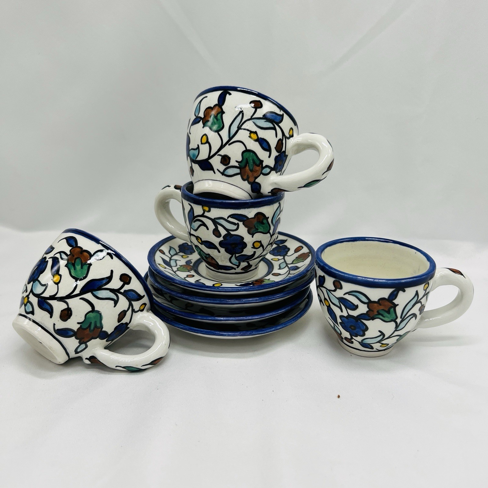 VTG Jerusalem Pottery Espresso Cups Set Of 4 Floral Demitasse Collectible READ