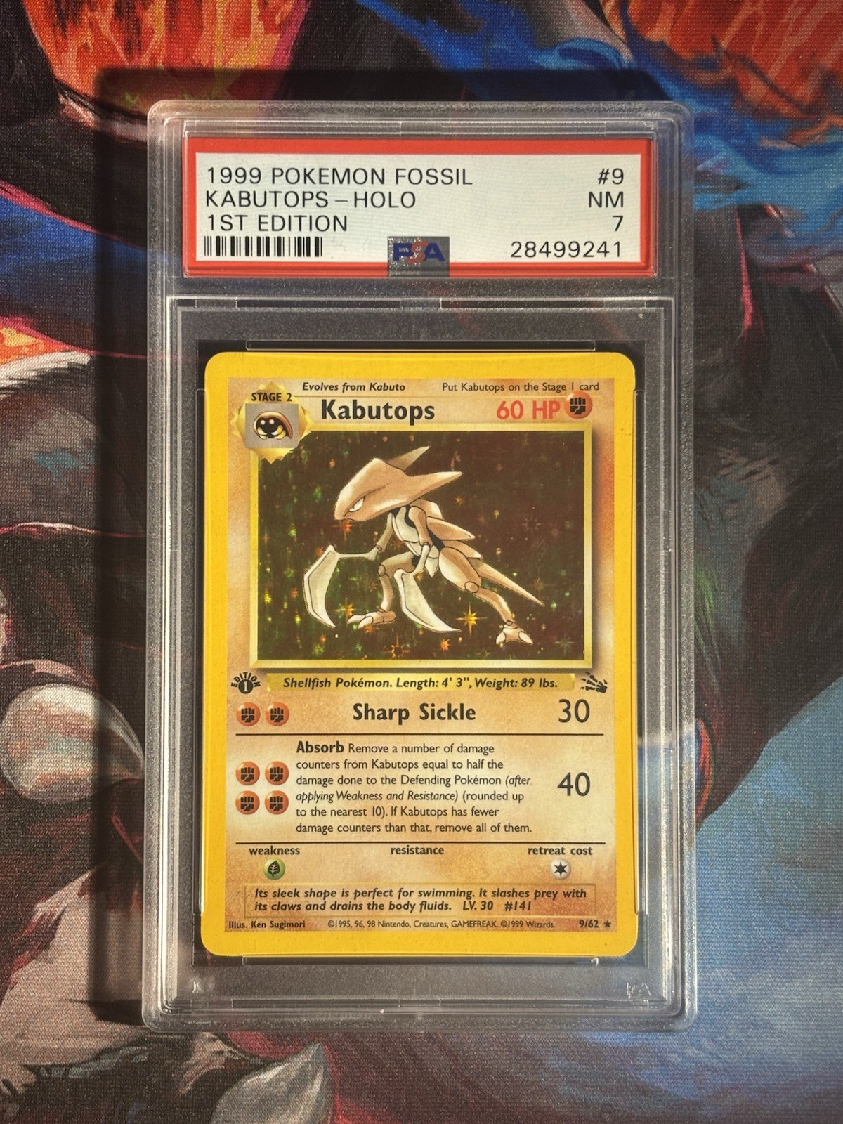 1999 Kabutops Fossil 1st Edition Holo Pokemon Card #9/62 PSA 7 Graded