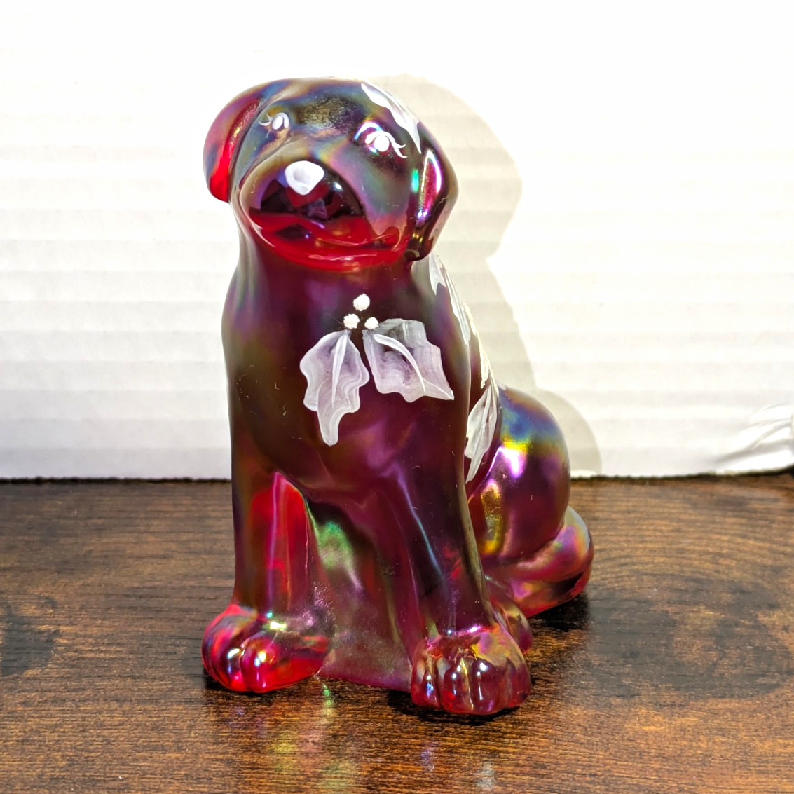 Fenton Amethyst Carnival Glass Dog Figurine Poinsettia V Peach Signed 44/150