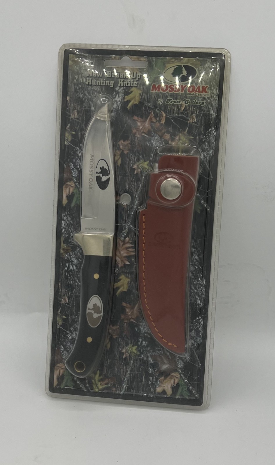 Mossy Oak Hunting Knife w/ Leather Sheath Frost Cutlery Fixed Blade Vintage NEW