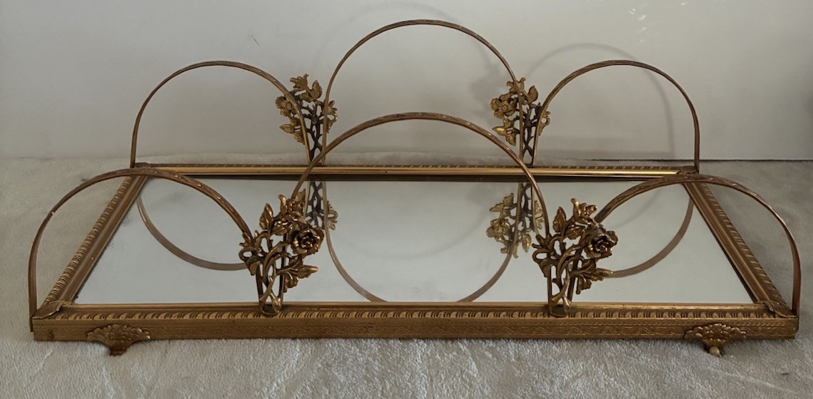 Vintage Tray Mirror Gold Filigree  Flowers Vines Dresser Vanity Perfume *flaw