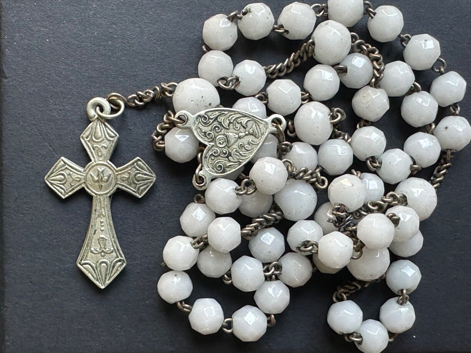 Beautiful Antique French White faceted Glass beads Rosary, Silver- 20