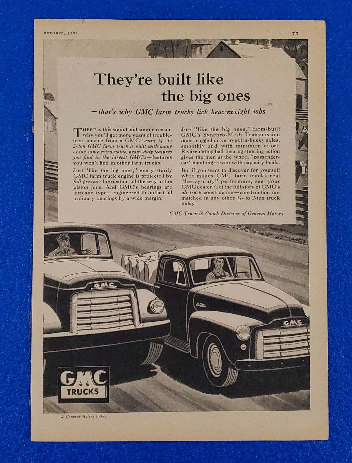 1952 GMC FARM / WORK TRUCK ORIGINAL PRINT AD GENERAL MOTORS SHIPS FREE LOT 283