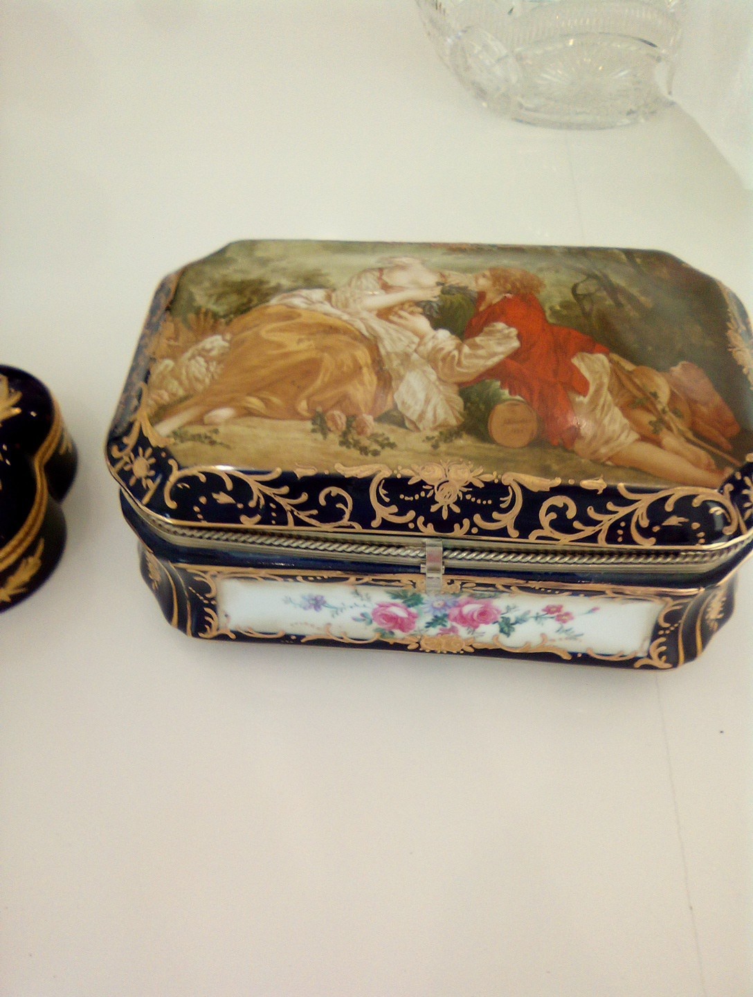 Royal Schwarzburg Germany Porcelain Box • Boucher 1749 Scene • Cobalt & Gold Flo