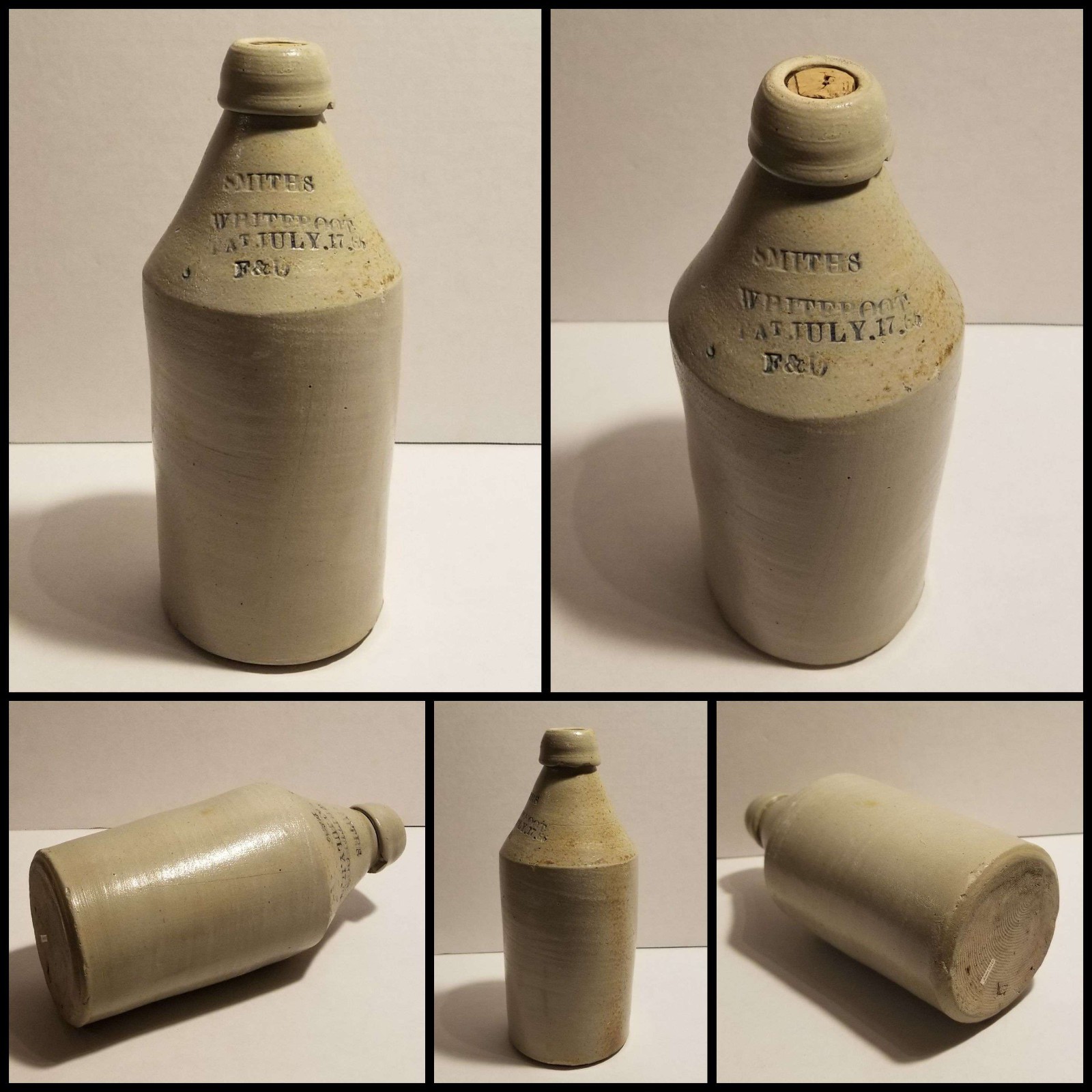 Antique 1866 Smith’s Whiteroot Stoneware Bottle wtih Cork July 17 1866 Patent