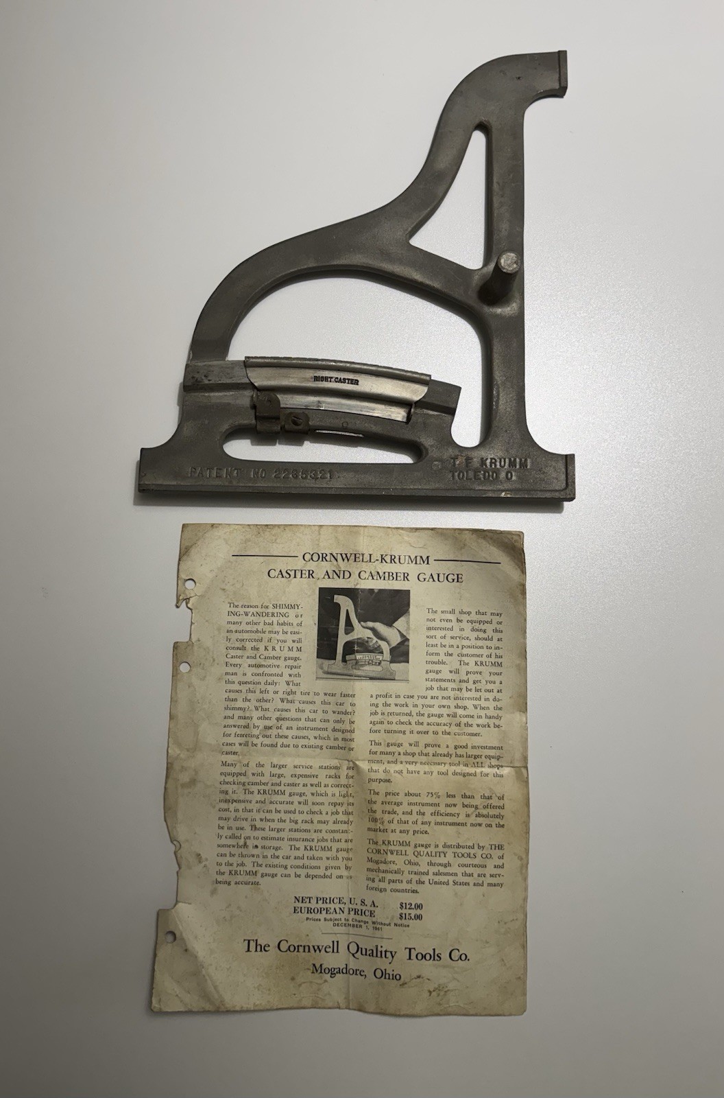 Vintage T.F. Krumm USA Caster & Camber Alignment Tool for classic autos