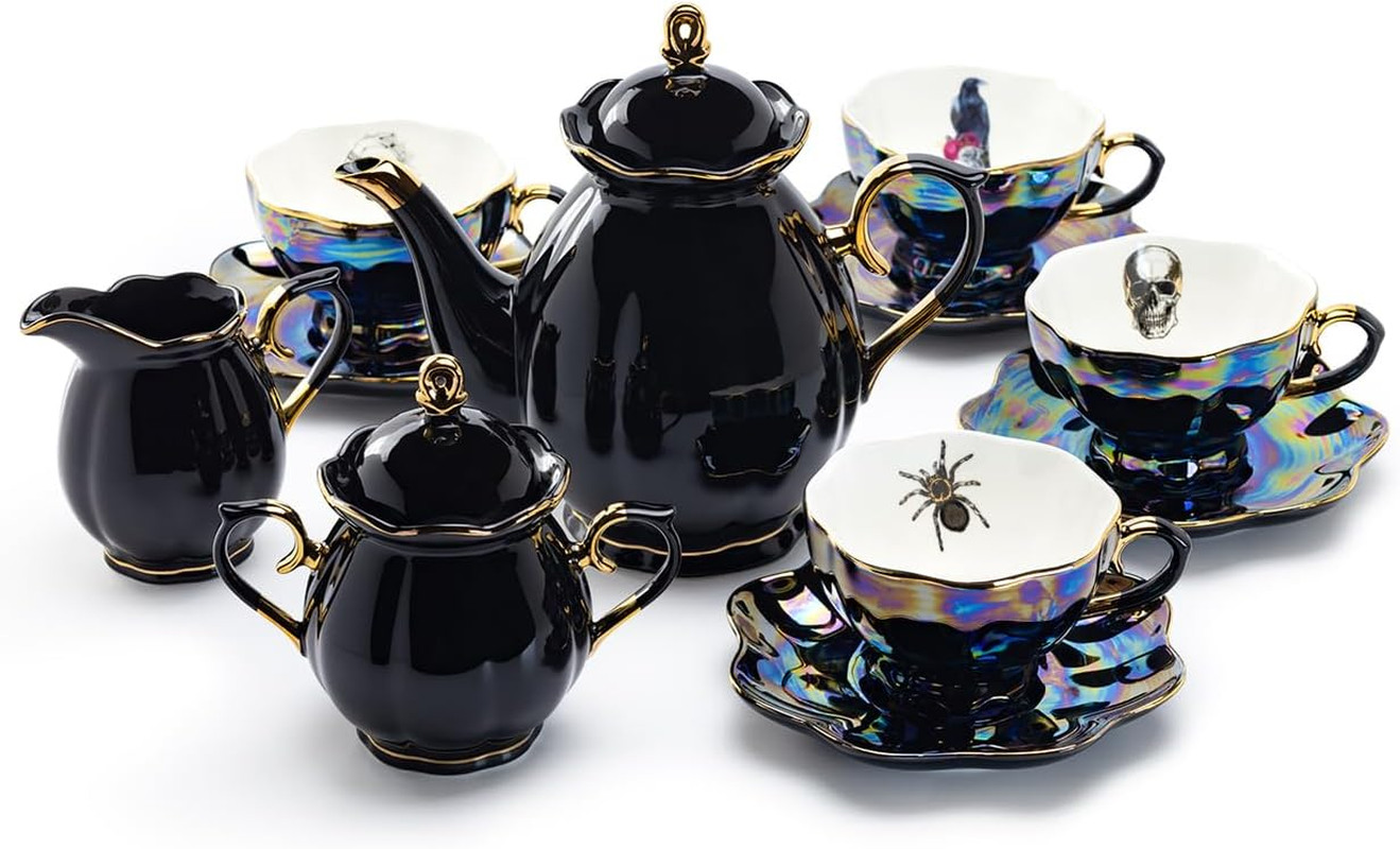 Halloween Goth Tea Set, Black Gold Scallop Teapot, Black Gold Scallop Sugar Crea