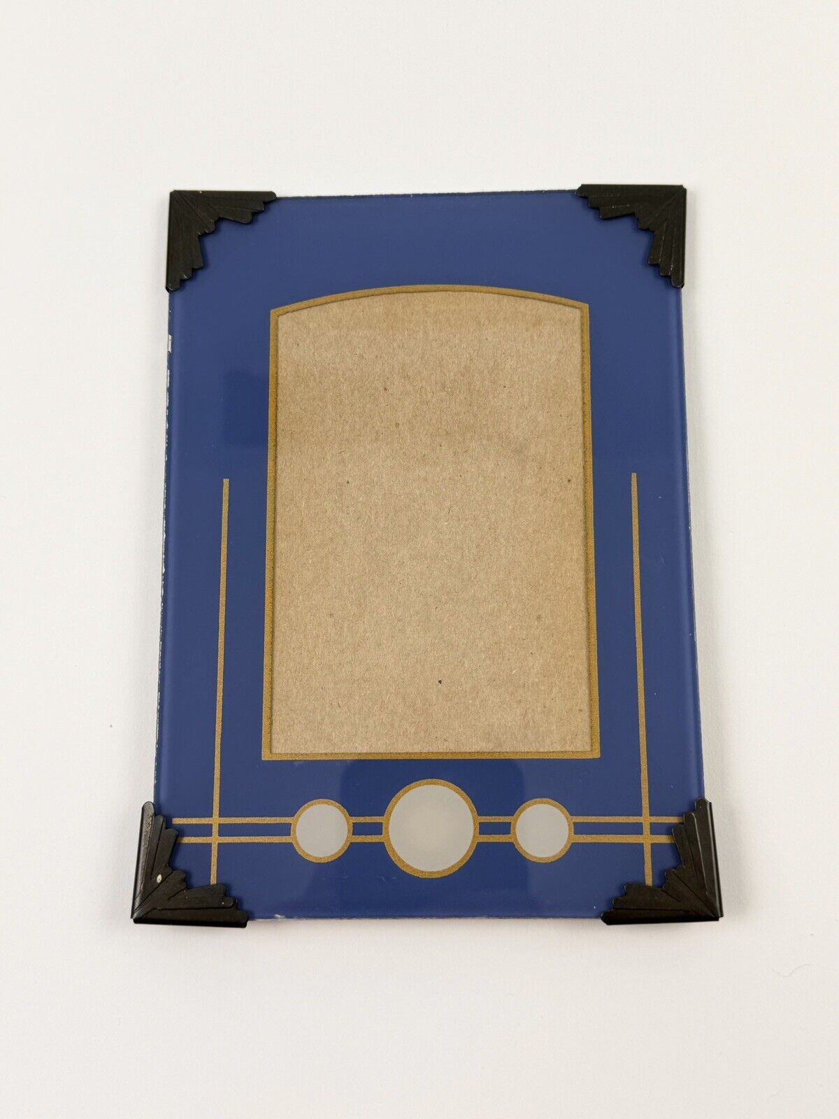 Vtg Antique Art Deco Picture Frame Reverse Painted Glass Blue Gold Metal 5”x7”