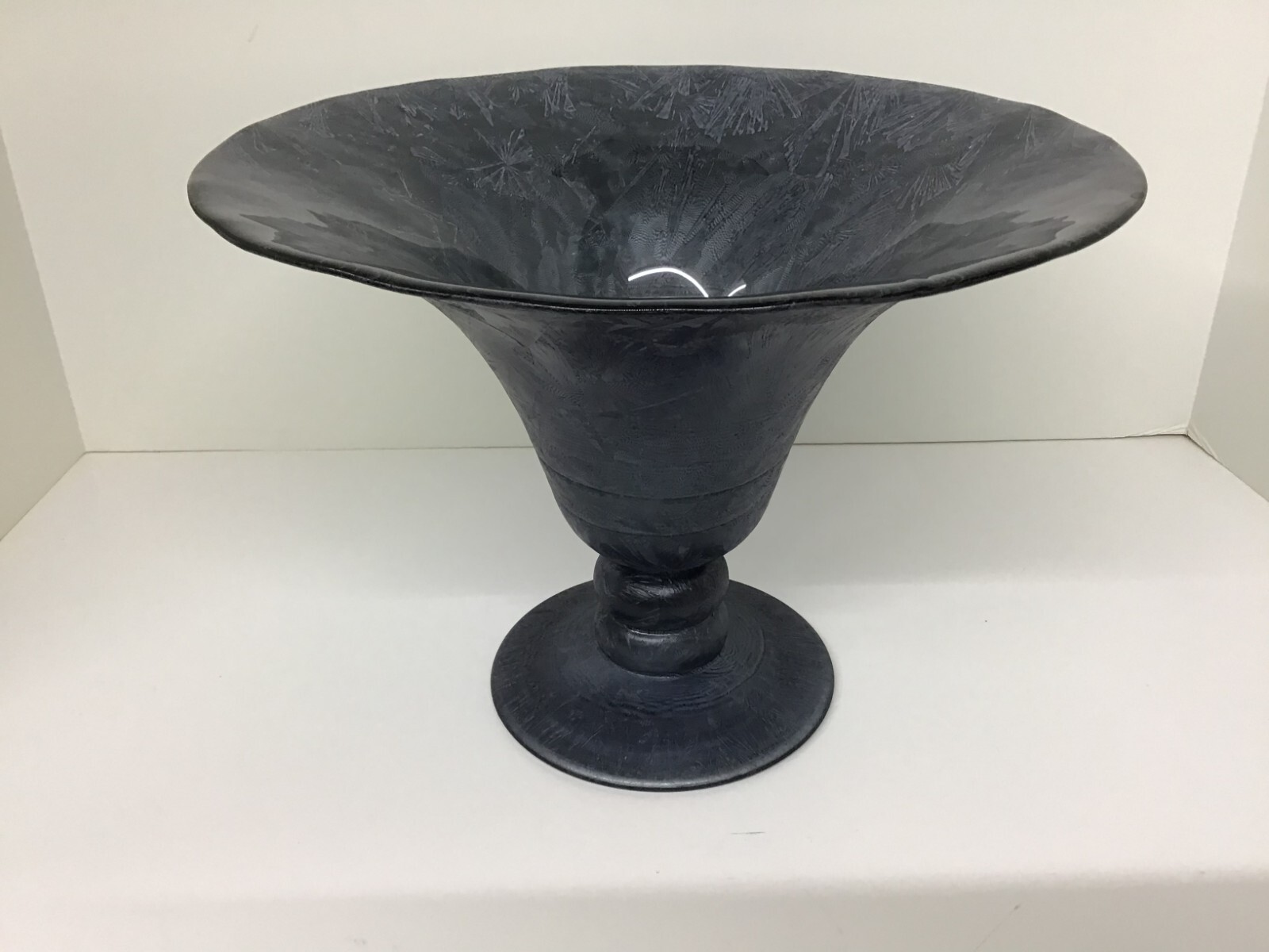 1960s Art Deco Tiffin Black Satin Glass Footed Rolled Edge Compote Vase Opaque