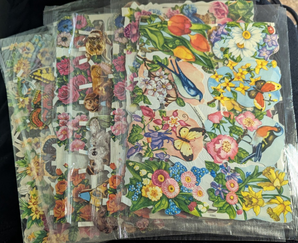 Vintage Die Cut Paper Scraps England and Germany Floral Butterflies Dogs