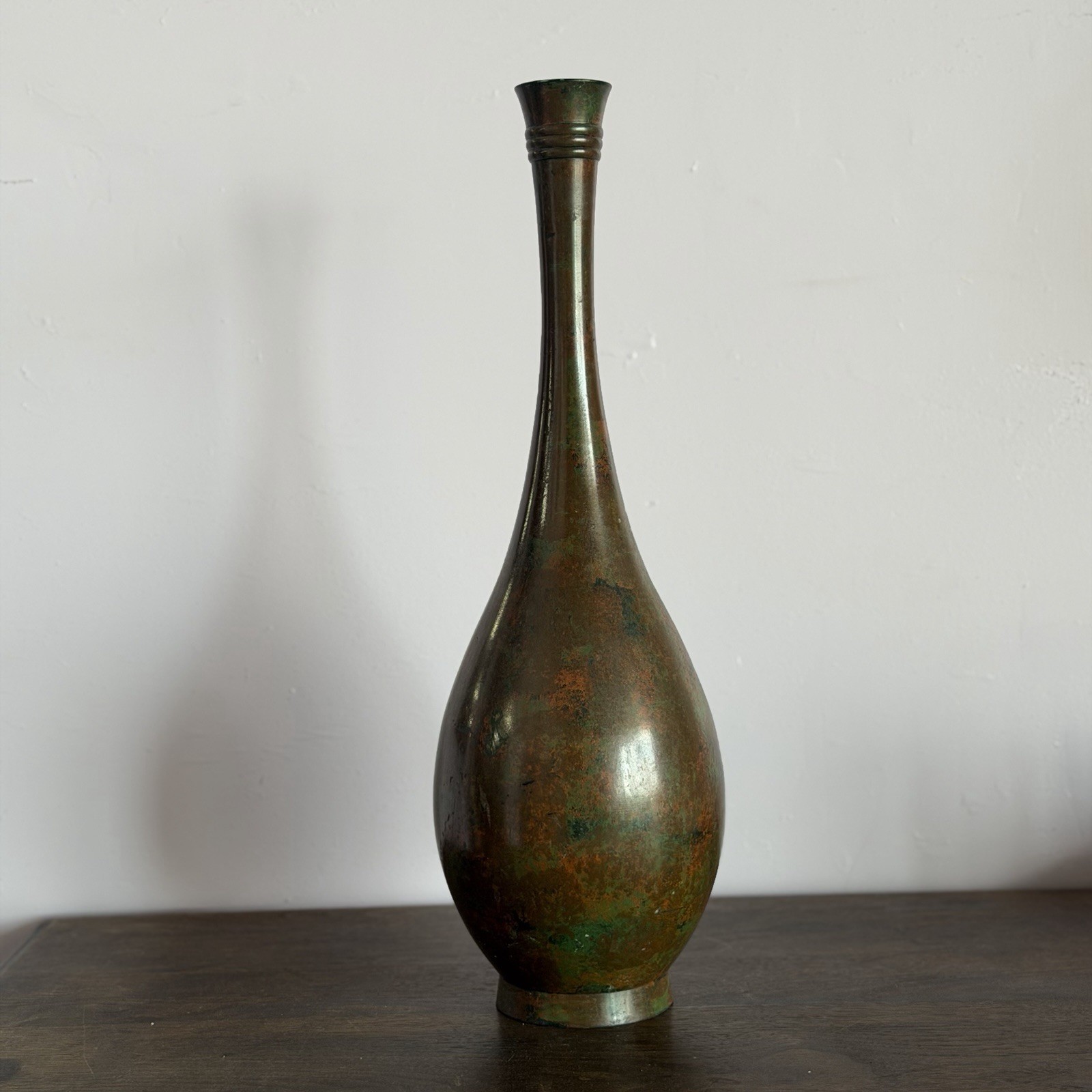 20” Vintage Japanese Bronze Vase Verdigris Patina MCM Long Neck Japan