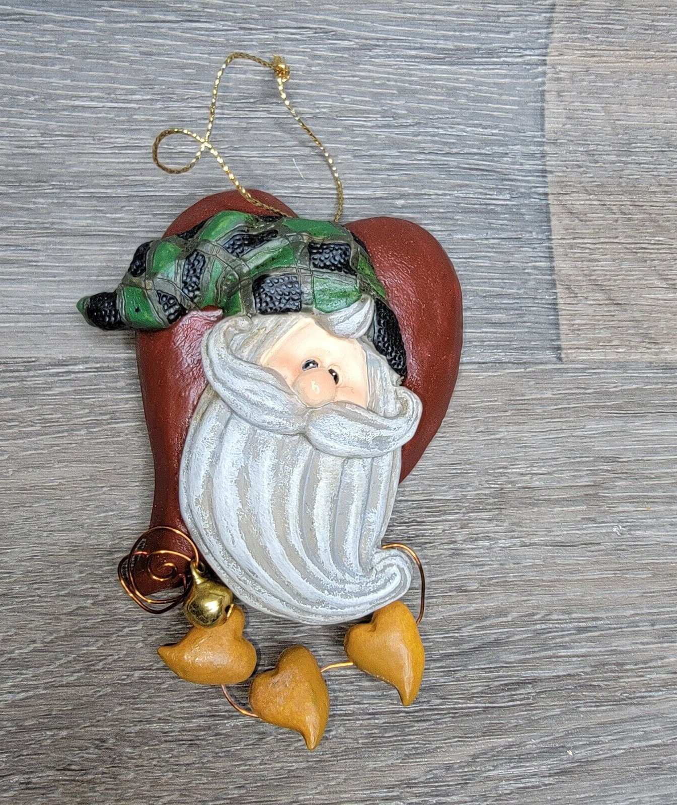 Santa Christmas Ornament with Hearts and Bells Heavy Hanging Tree Ornament