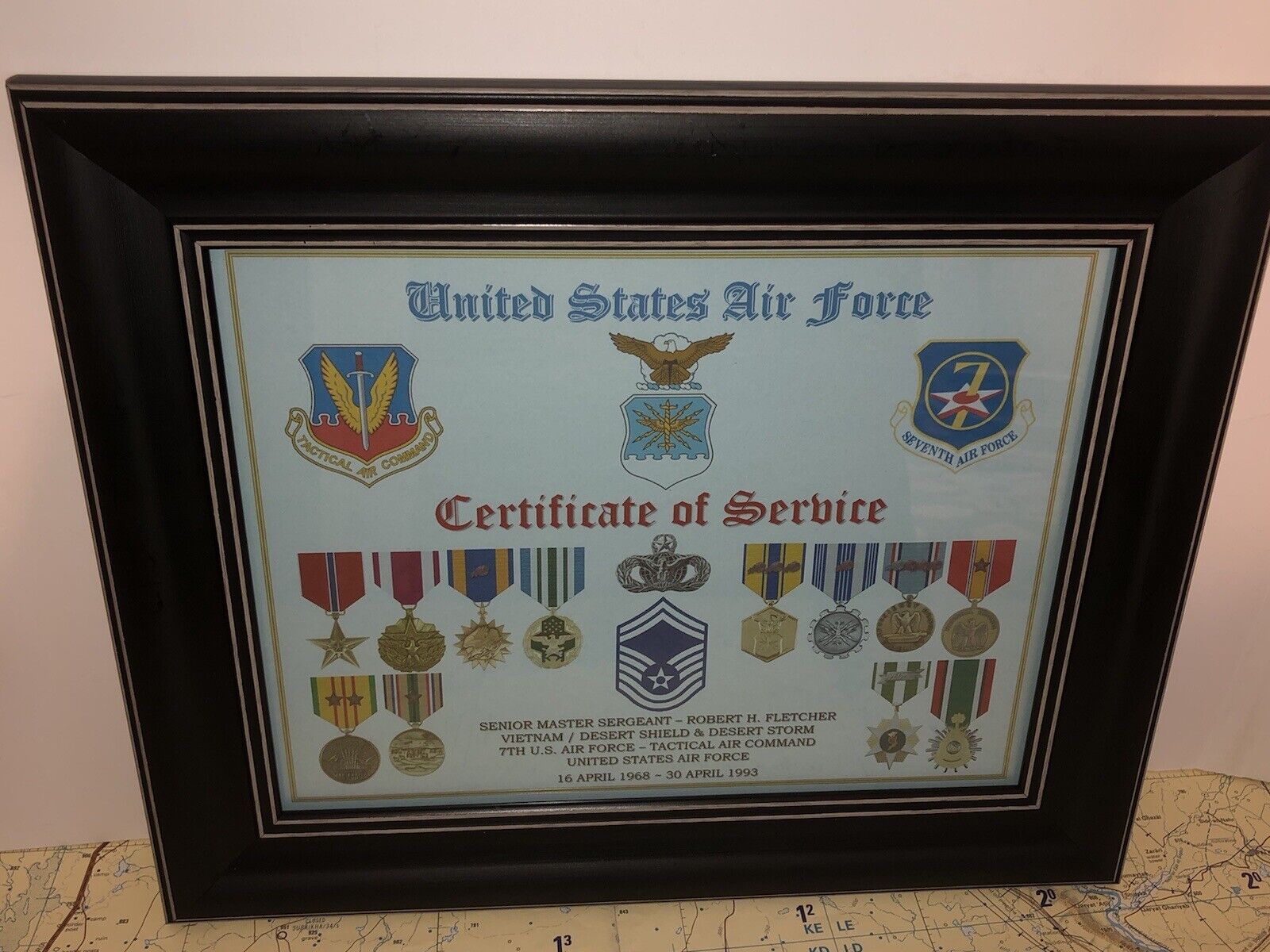 U.S. AIR FORCE CERTIFICATE OF SERVICE / SHADOW BOX PRINT / W-MEDALS 