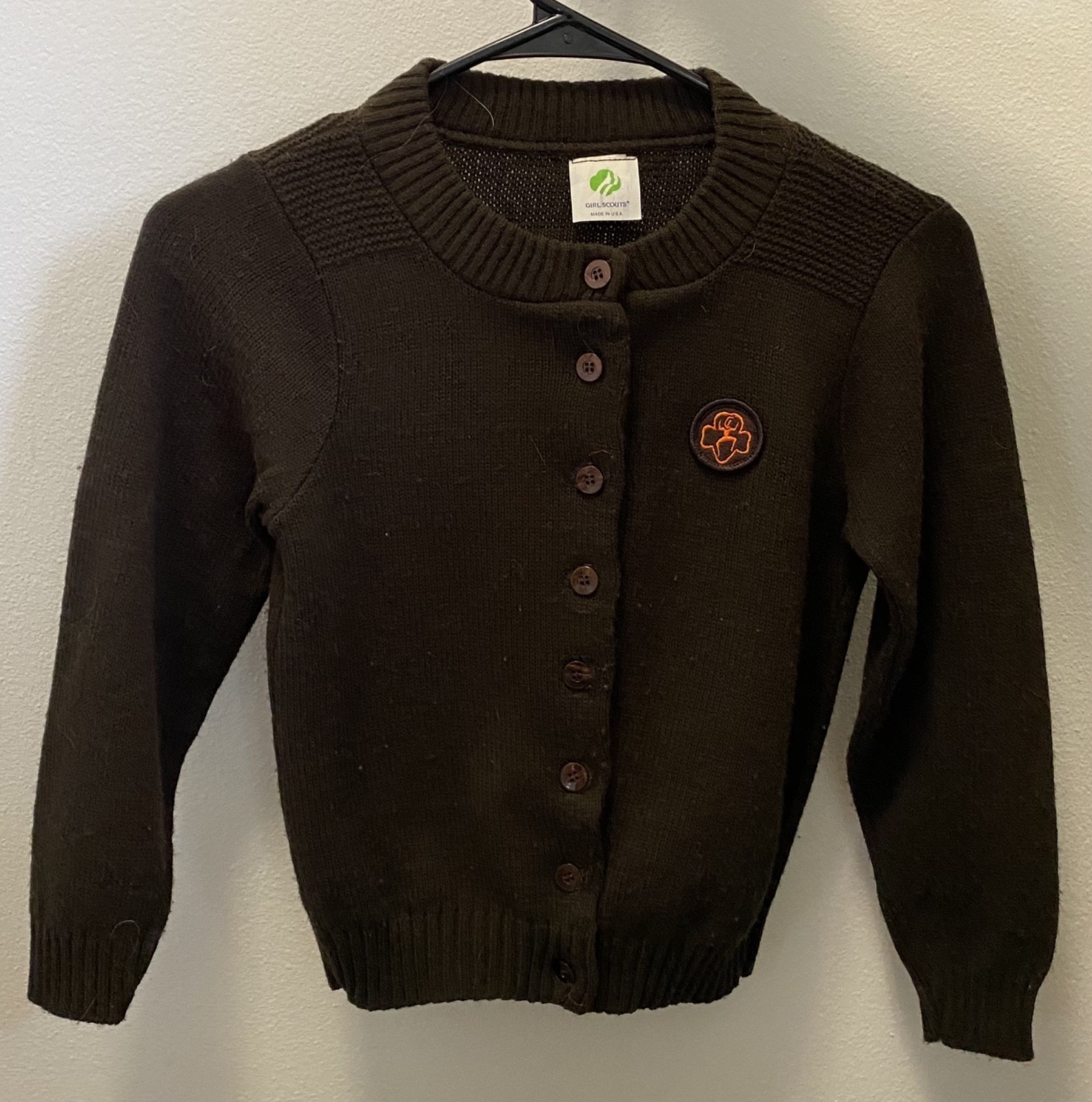 Vintage Brownie Girl Scout items: jumper, cardigan sweater & locket on chain Vintage Brownie Girl Scout items: jumper, cardigan sweater & locket on chain